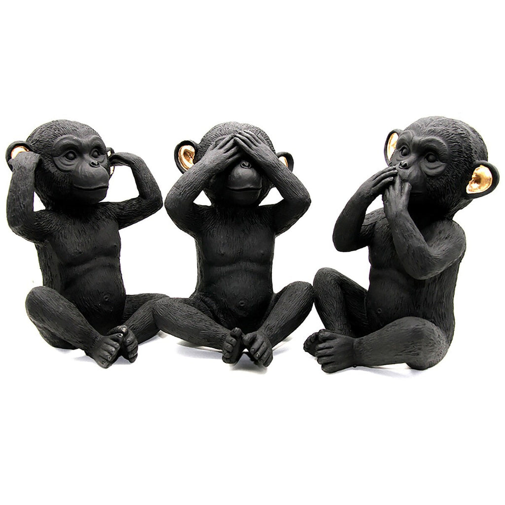 3 singes sages parlent, entendent, ne voient pas le mal, résine noire et or, lot de 3
