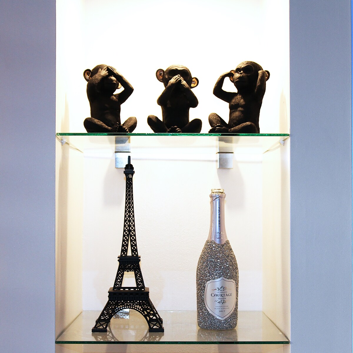 3 singes sages parlent, entendent, ne voient pas le mal, résine noire et or, lot de 3