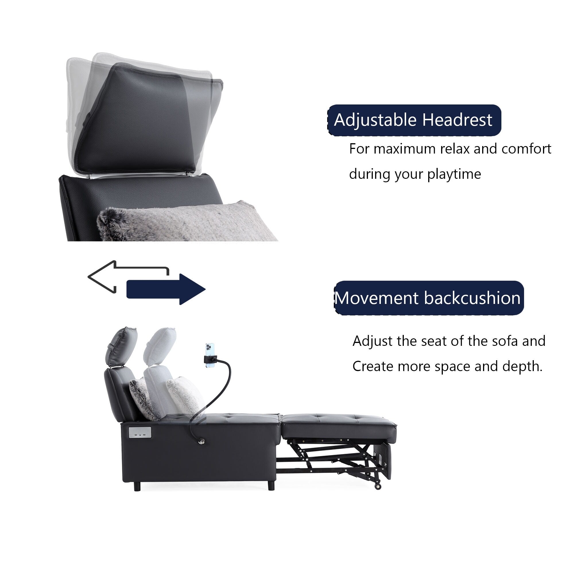 Fauteuil convertible 3 en 1, canapé inclinable réglable avec haut-parleurs Bluetooth, ports USB et oreiller moelleux