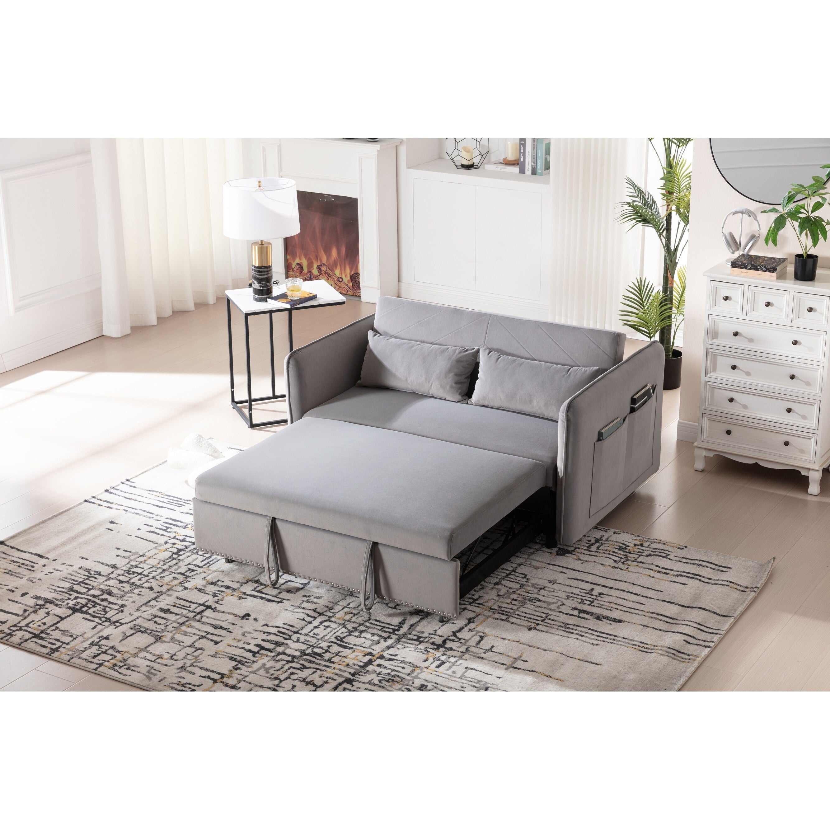 Canapé-lit futon convertible 3 en 1, 55 places, 2 oreillers, ports USB et poches latérales