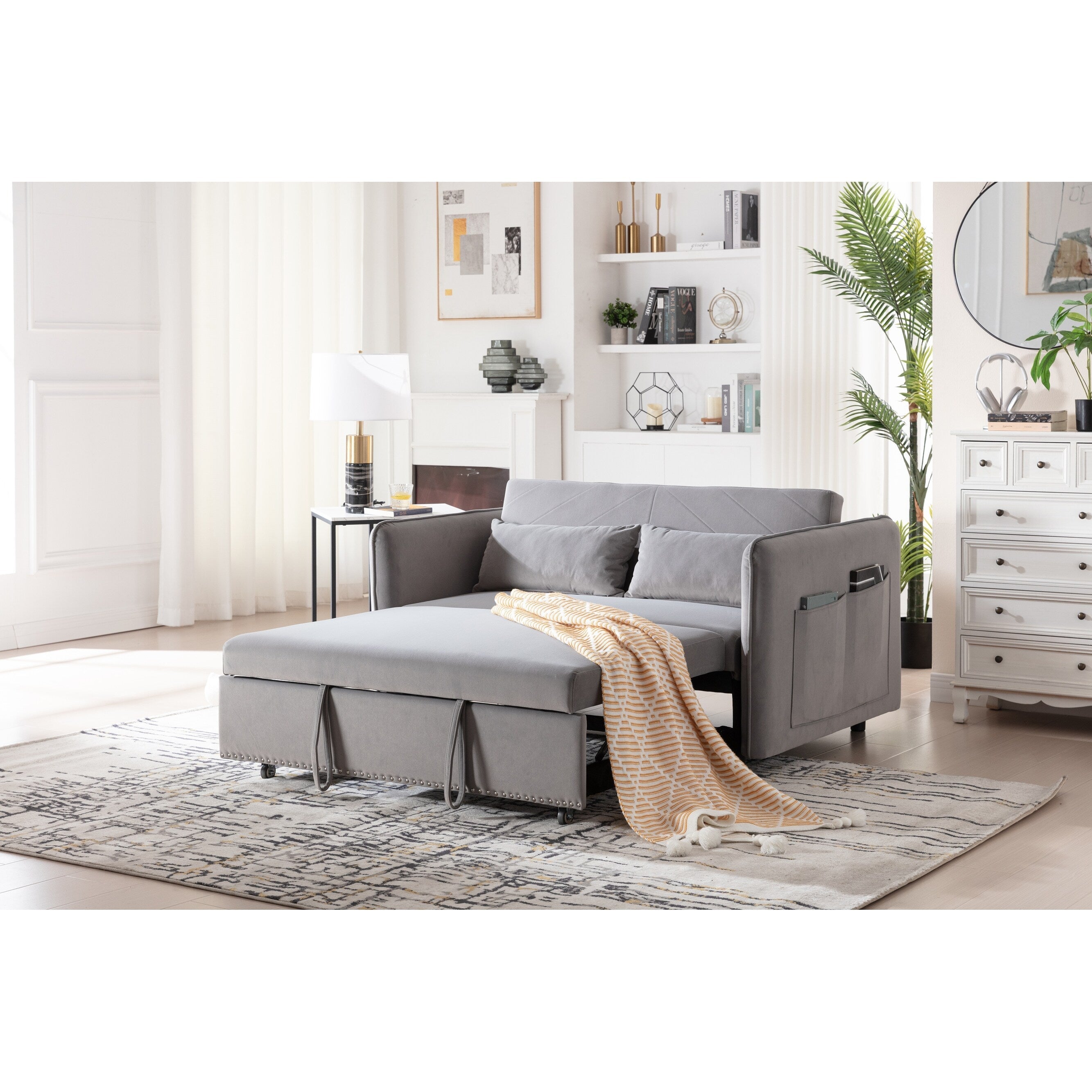 Canapé-lit futon convertible 3 en 1, 55 places, 2 oreillers, ports USB et poches latérales