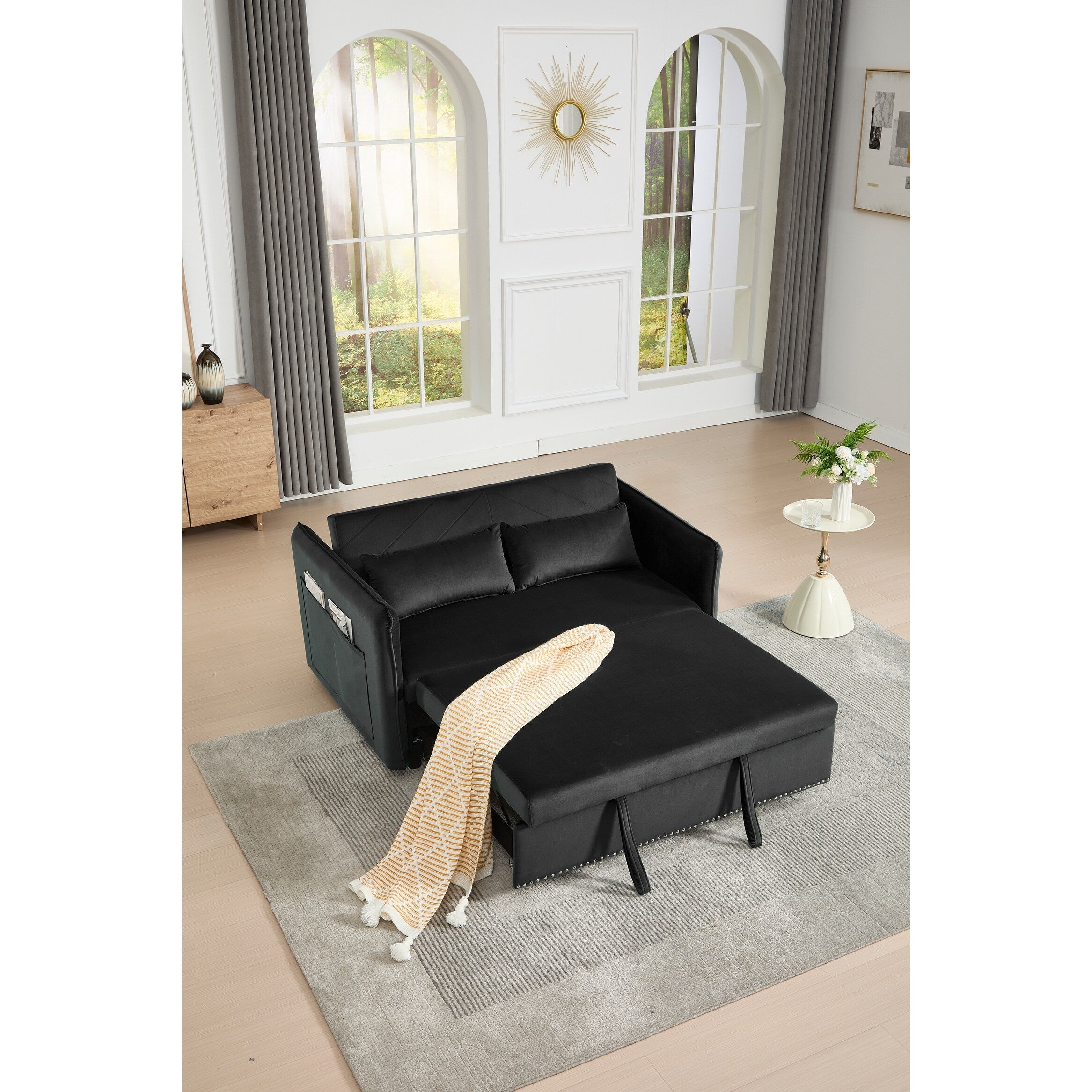 Canapé-lit futon convertible 3 en 1, 55 places, 2 oreillers, ports USB et poches latérales