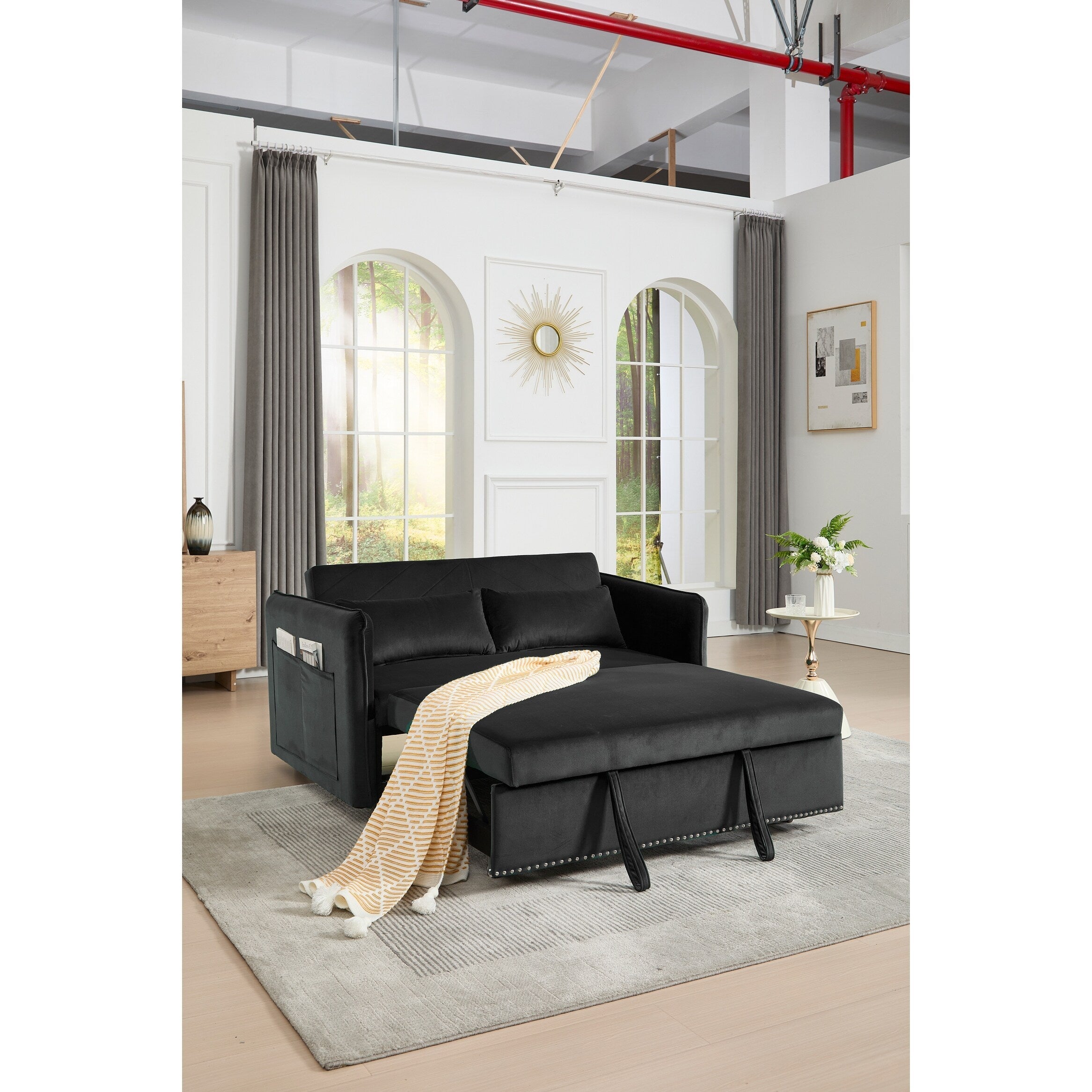 Canapé-lit futon convertible 3 en 1, 55 places, 2 oreillers, ports USB et poches latérales