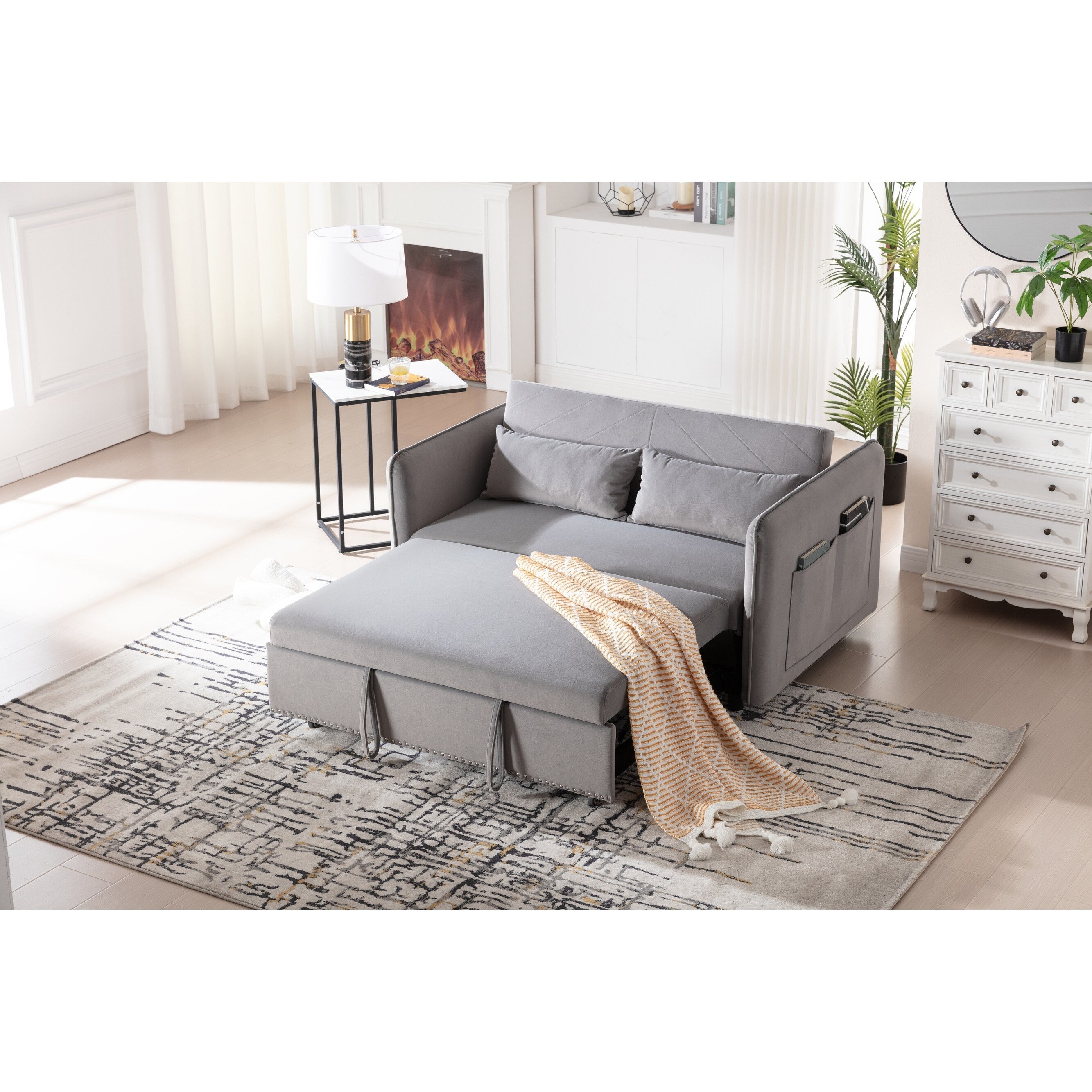 Canapé-lit futon convertible 3 en 1, 55 places, 2 oreillers, ports USB et poches latérales