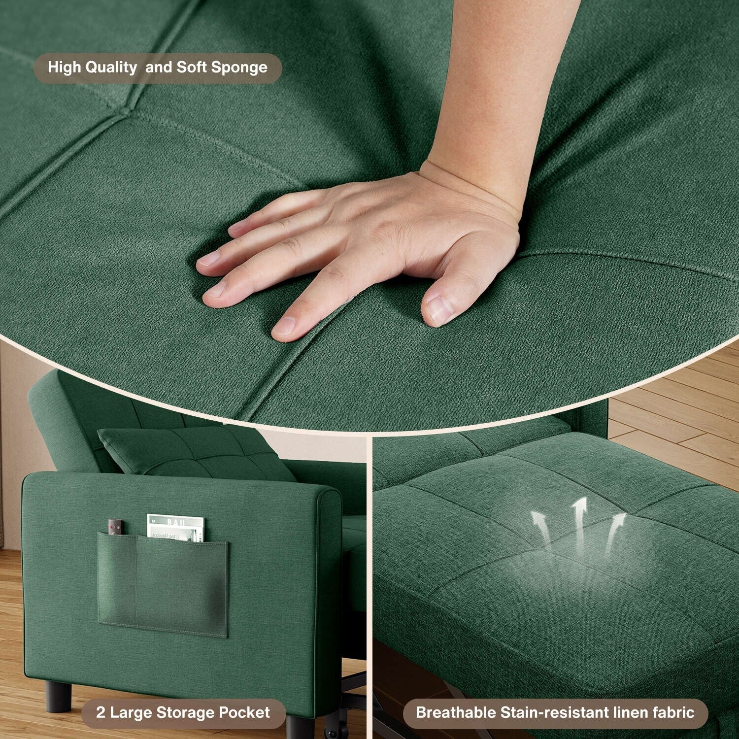 Canapé-lit gigogne 3 en 1, convertible, moderne, réglable et rembourré