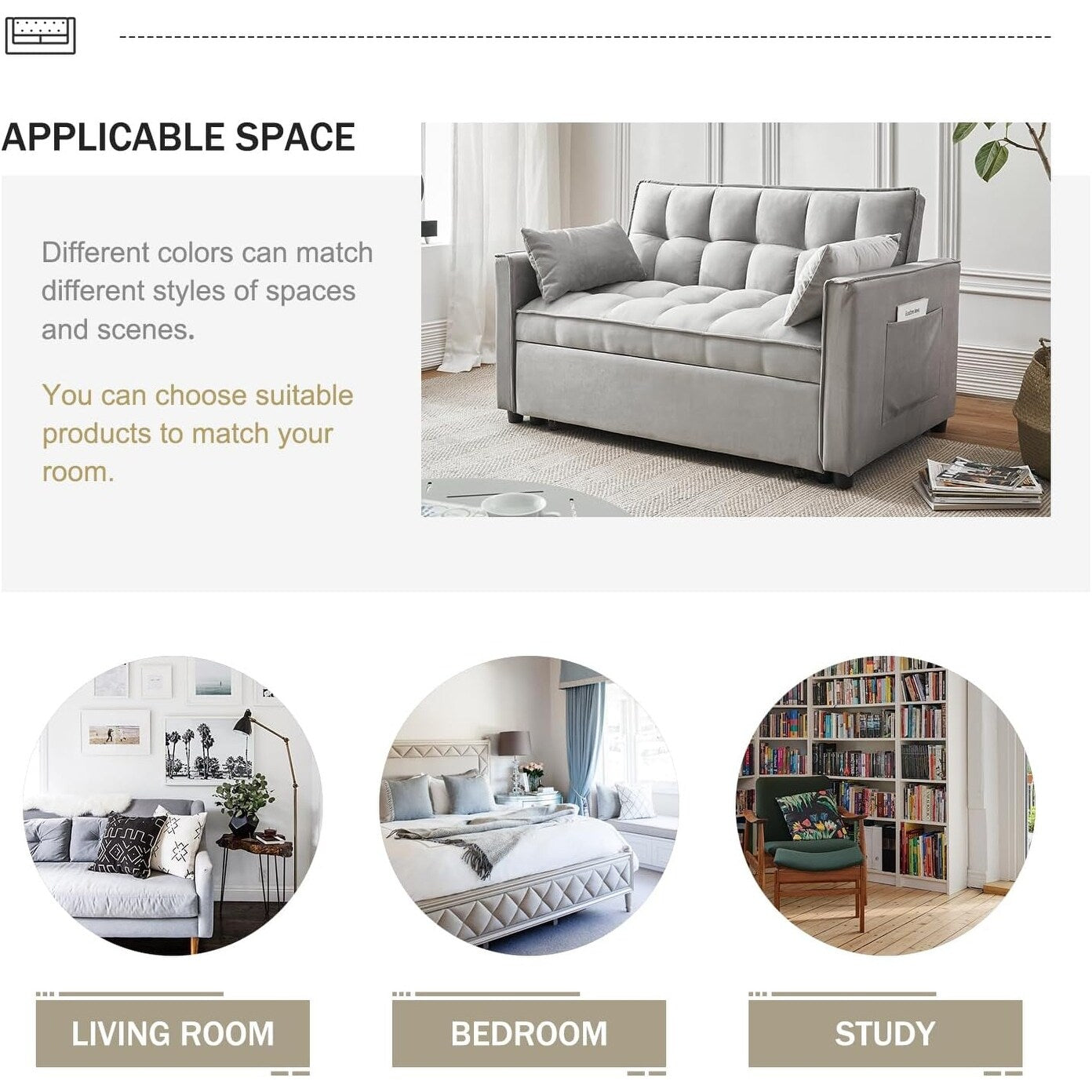 Canapé-lit 3 en 1 en velours - Canapé-lit gigogne avec dossier réglable, accoudoirs et poches de rangement pour le salon