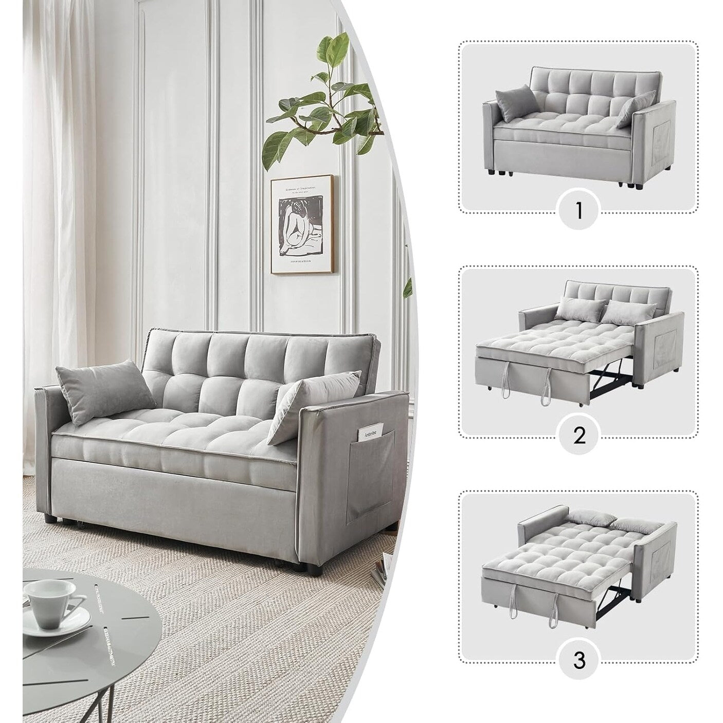 Canapé-lit 3 en 1 en velours - Canapé-lit gigogne avec dossier réglable, accoudoirs et poches de rangement pour le salon