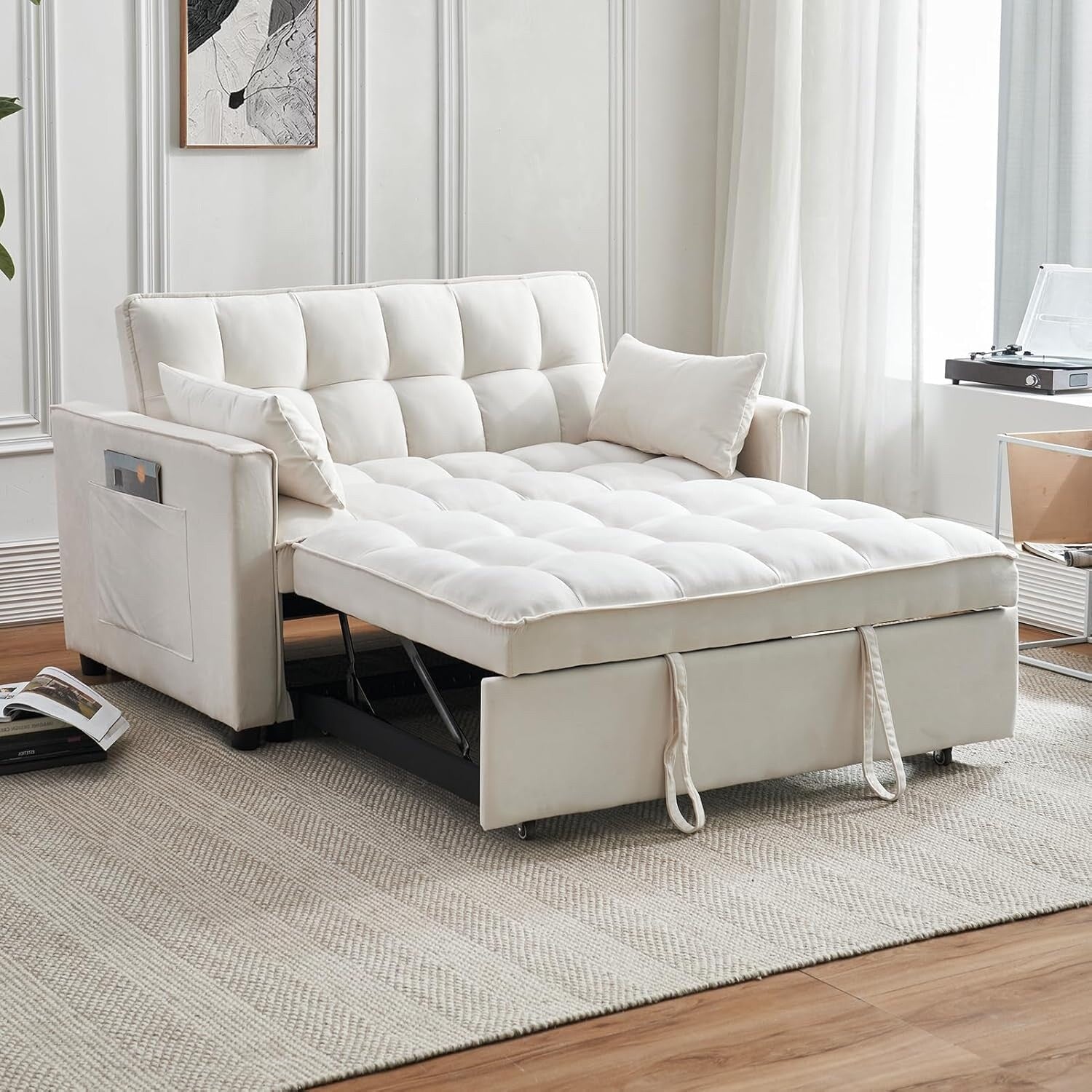 Canapé-lit 3 en 1 en velours - Canapé-lit gigogne avec dossier réglable, accoudoirs et poches de rangement pour le salon