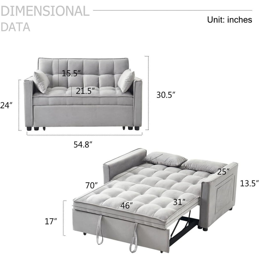 Canapé-lit 3 en 1 en velours - Canapé-lit gigogne avec dossier réglable, accoudoirs et poches de rangement pour le salon