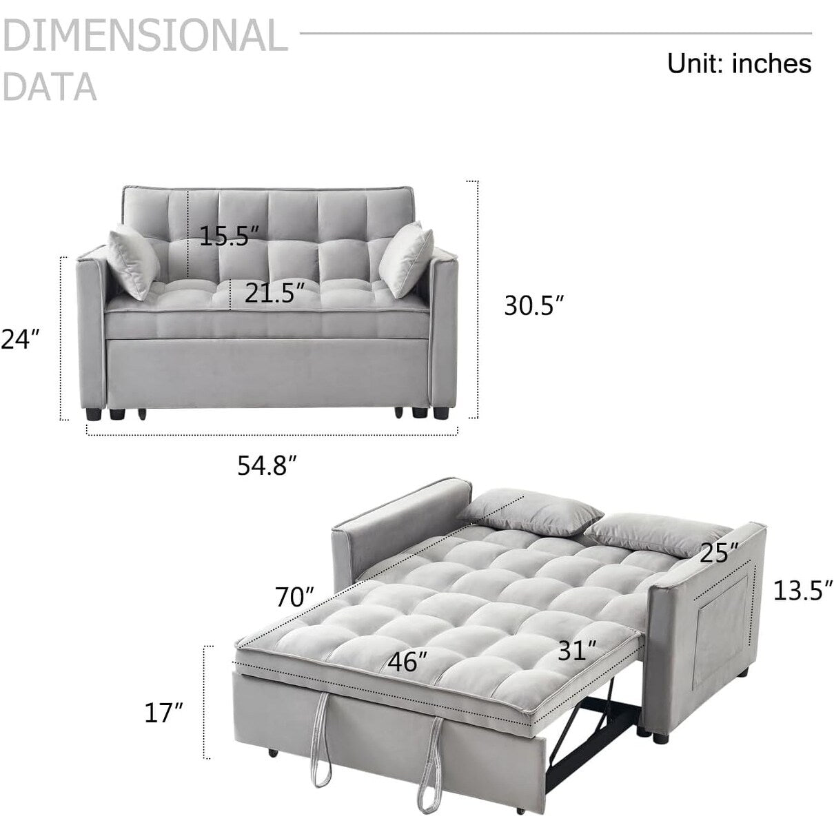 Canapé-lit 3 en 1 en velours - Canapé-lit gigogne avec dossier réglable, accoudoirs et poches de rangement pour le salon