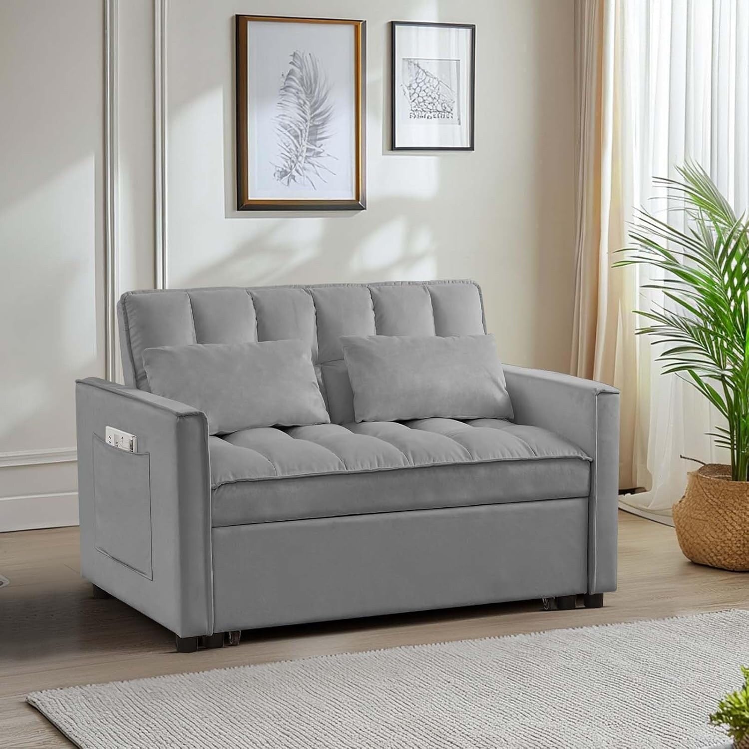 Canapé-lit 3 en 1 en velours avec dossier réglable