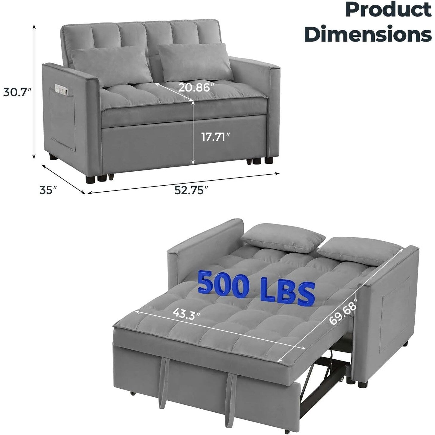 Canapé-lit 3 en 1 en velours avec dossier réglable