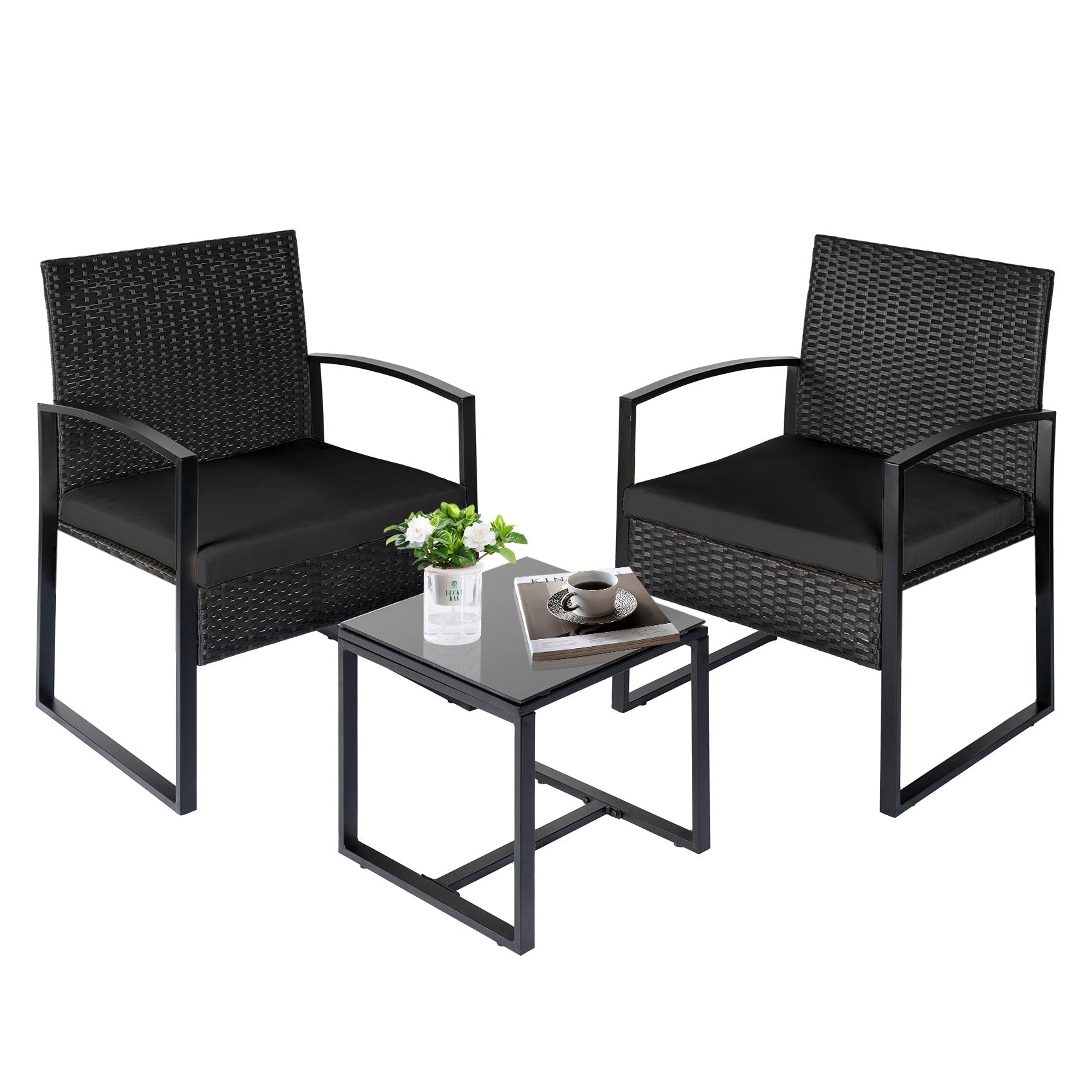 Ensemble de bistrot 3 pièces pour patio, mobilier d'extérieur avec table en verre et salon de jardin en rotin pour véranda, jardin et balcon