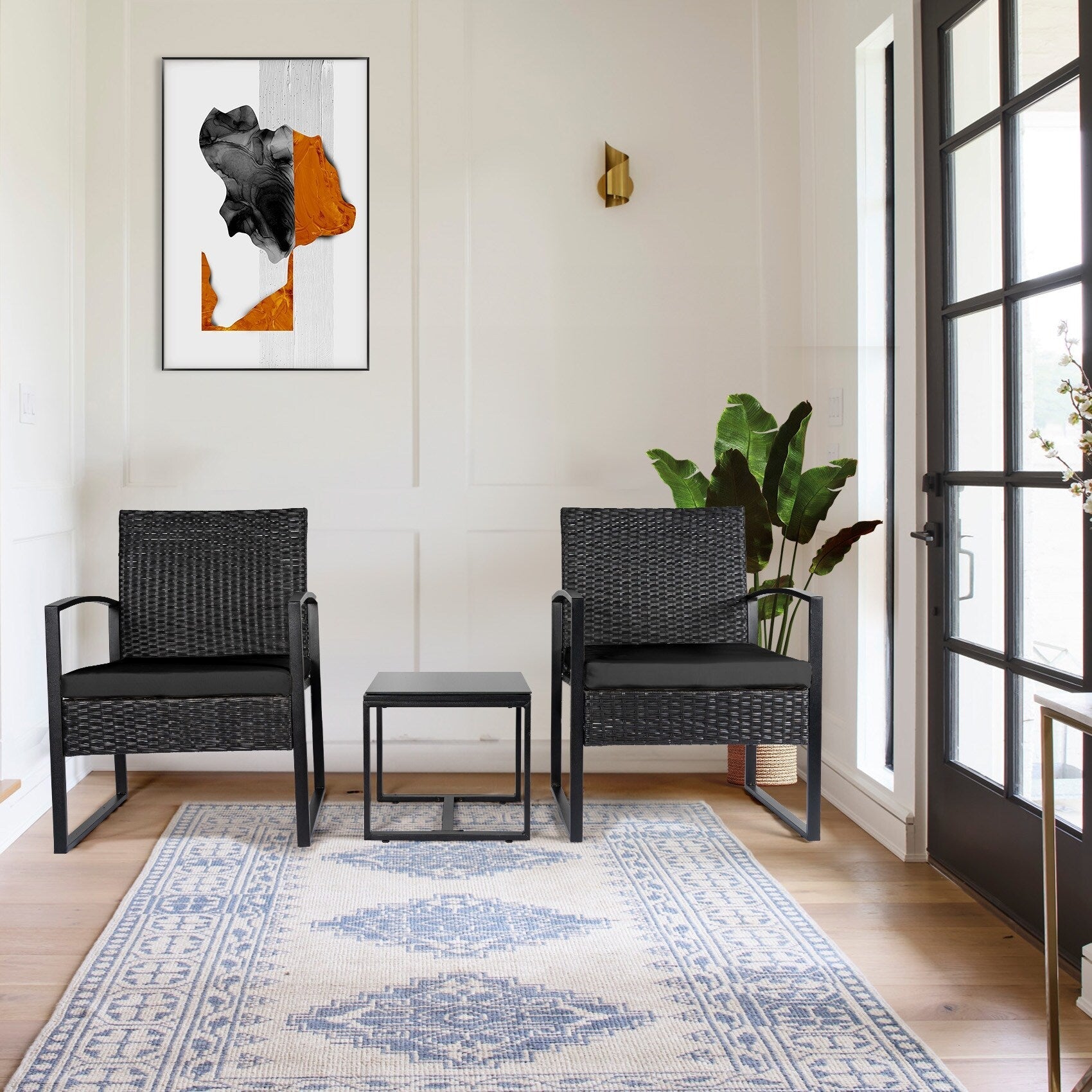 Ensemble de bistrot 3 pièces pour patio, mobilier d'extérieur avec table en verre et salon de jardin en rotin pour véranda, jardin et balcon