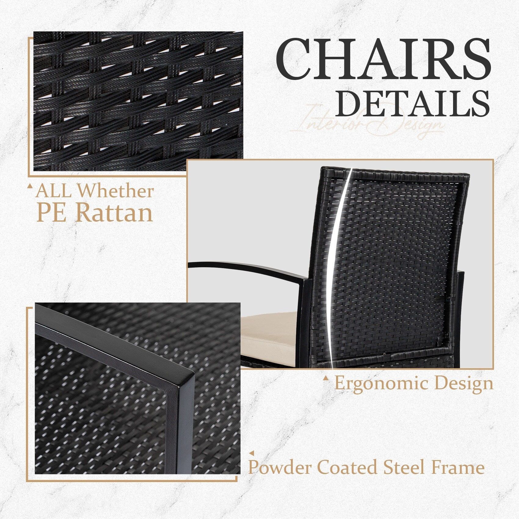 Ensemble de bistrot 3 pièces pour patio, mobilier d'extérieur avec table en verre et salon de jardin en rotin pour véranda, jardin et balcon