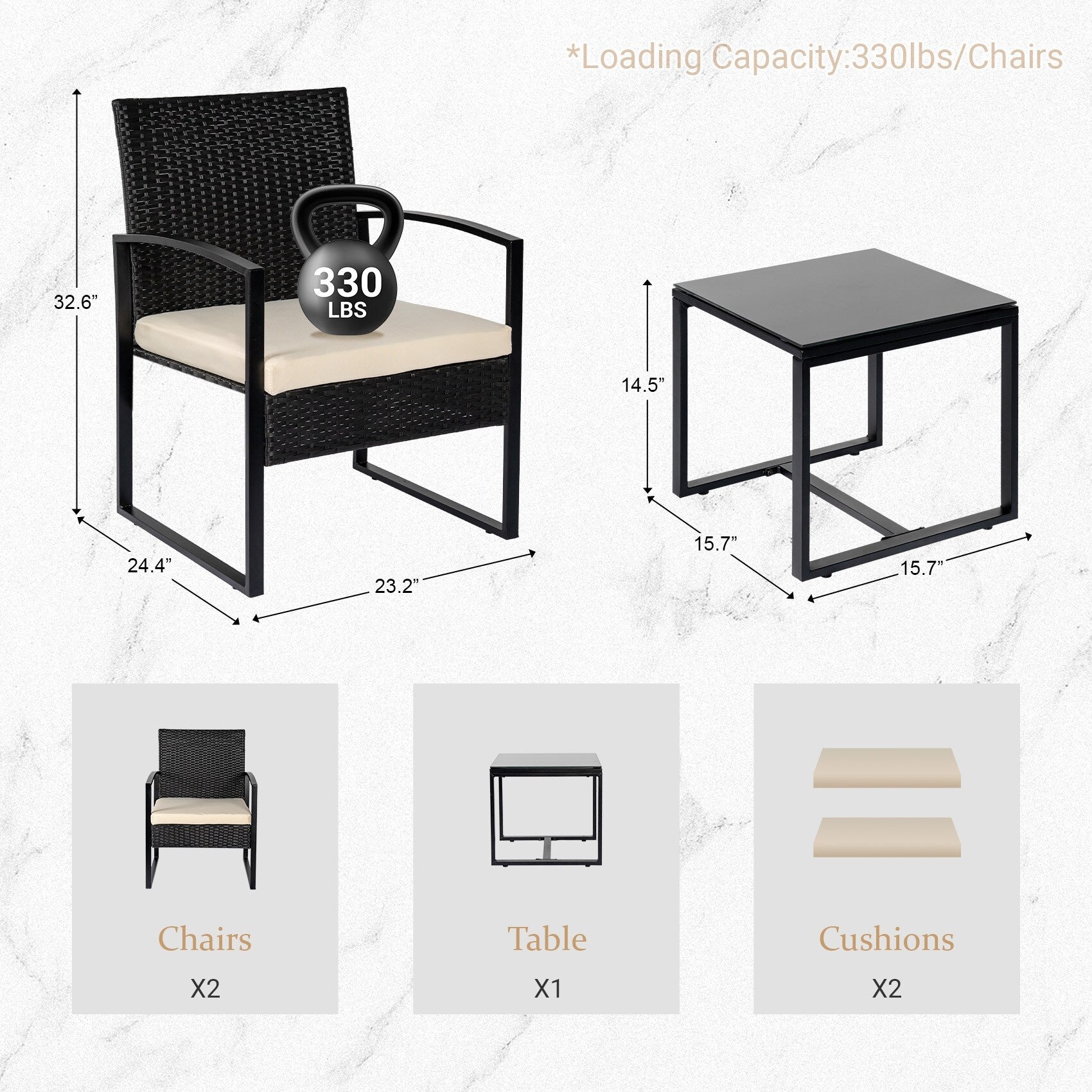 Ensemble de bistrot 3 pièces pour patio, mobilier d'extérieur avec table en verre et salon de jardin en rotin pour véranda, jardin et balcon