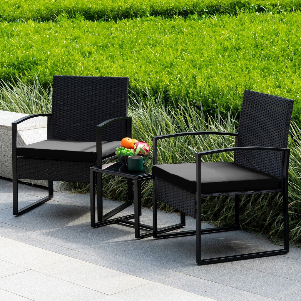 Ensemble de bistrot 3 pièces pour patio, mobilier d'extérieur avec table en verre et salon de jardin en rotin pour véranda, jardin et balcon
