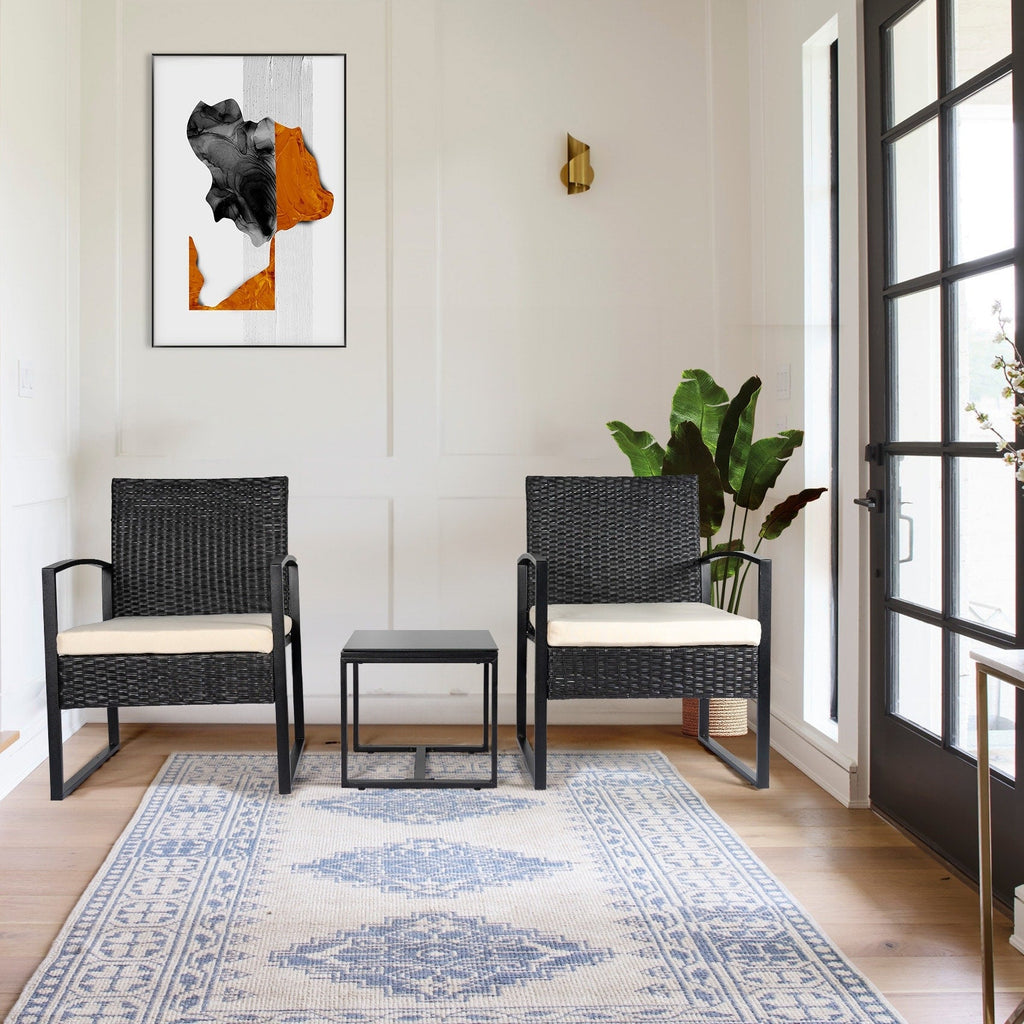 Ensemble de bistrot 3 pièces pour patio, mobilier d'extérieur avec table en verre et salon de jardin en rotin pour véranda, jardin et balcon