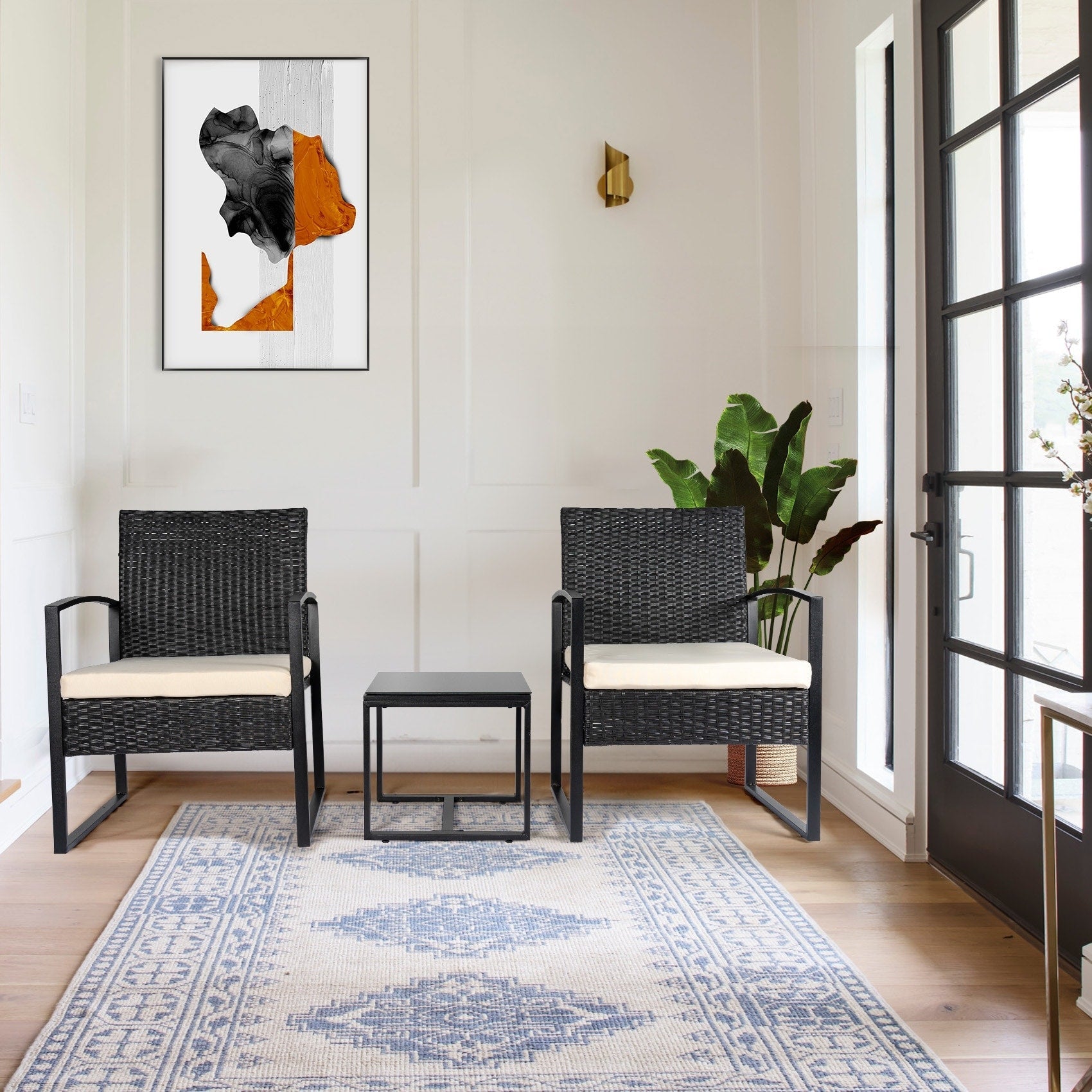 Ensemble de bistrot 3 pièces pour patio, mobilier d'extérieur avec table en verre et salon de jardin en rotin pour véranda, jardin et balcon