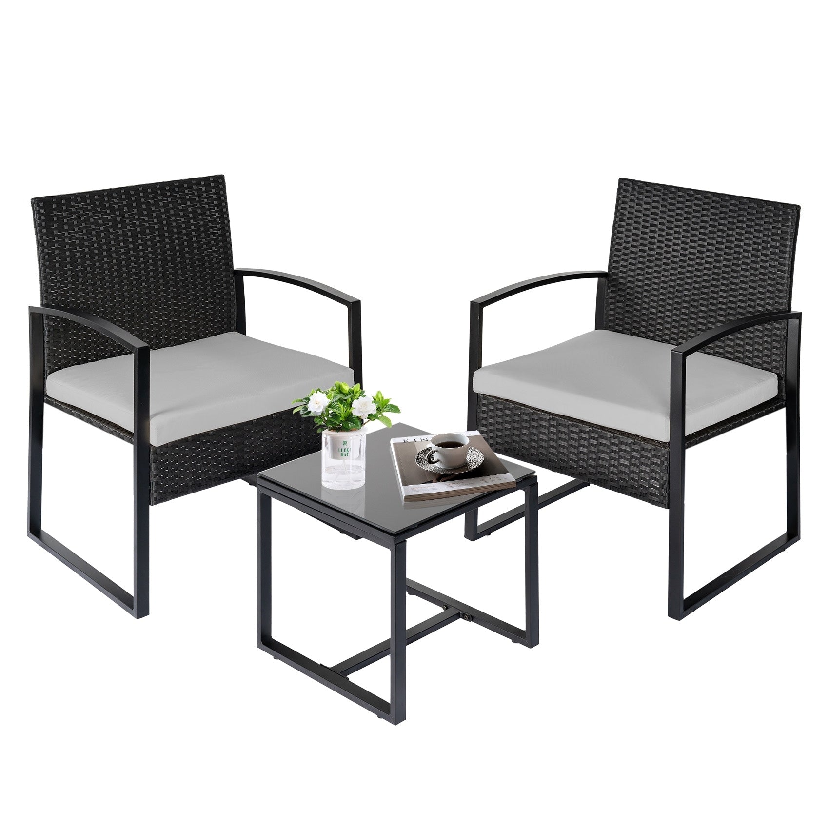 Ensemble de bistrot 3 pièces pour patio, mobilier d'extérieur avec table en verre et salon de jardin en rotin pour véranda, jardin et balcon