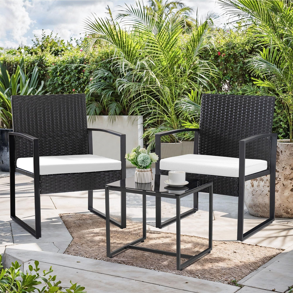 Ensemble de bistrot 3 pièces pour patio, mobilier d'extérieur avec table en verre et salon de jardin en rotin pour véranda, jardin et balcon