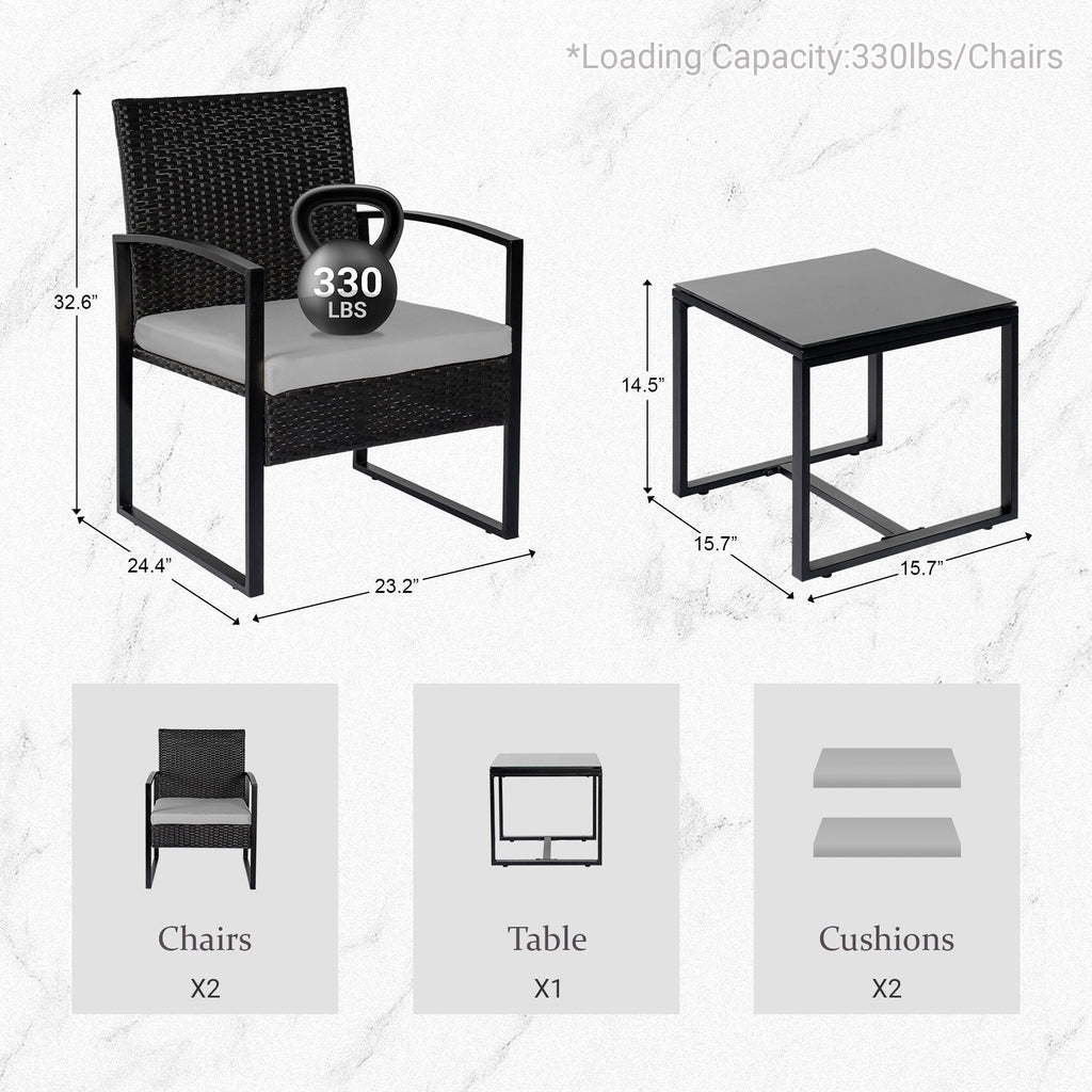 Ensemble de bistrot 3 pièces pour patio, mobilier d'extérieur avec table en verre et salon de jardin en rotin pour véranda, jardin et balcon