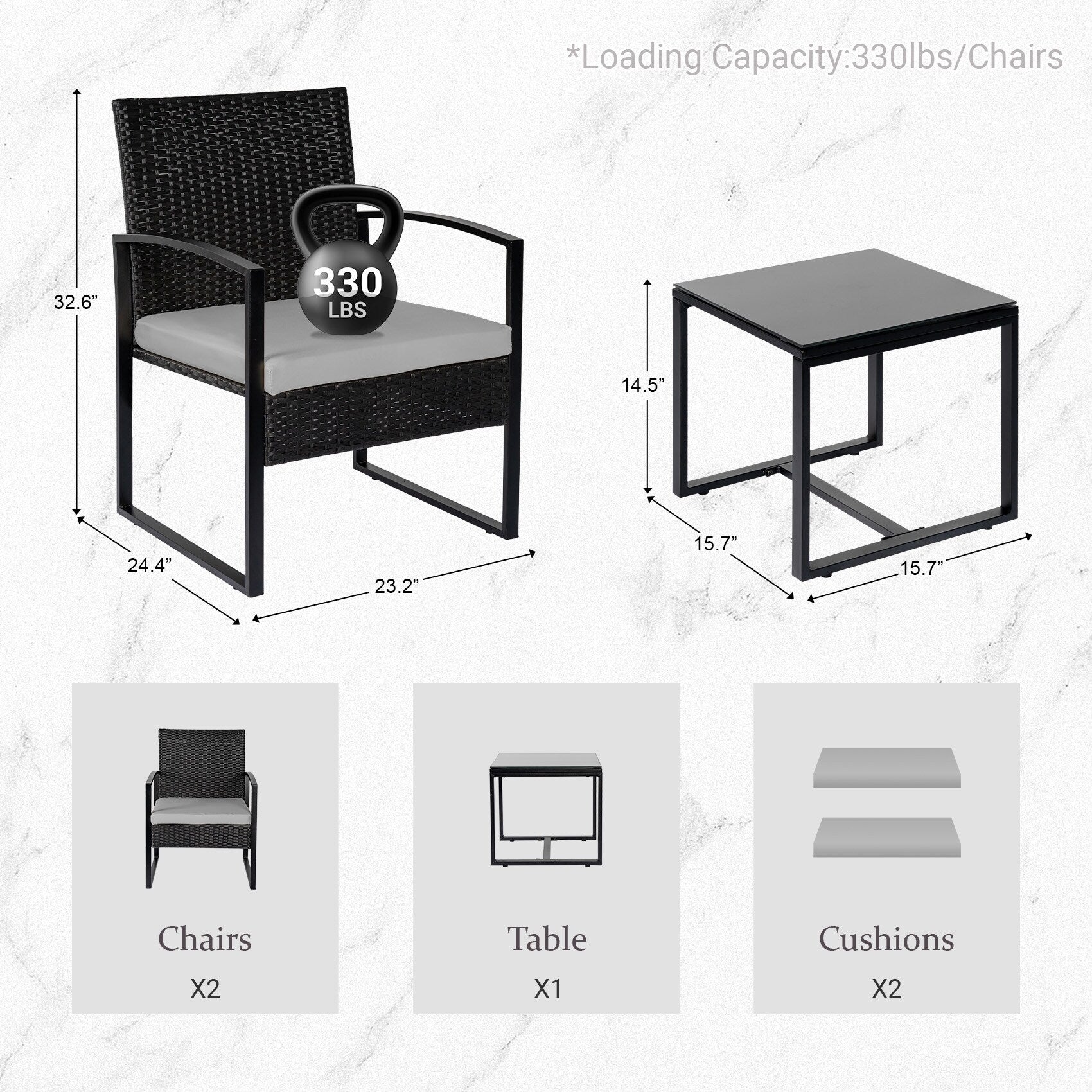 Ensemble de bistrot 3 pièces pour patio, mobilier d'extérieur avec table en verre et salon de jardin en rotin pour véranda, jardin et balcon