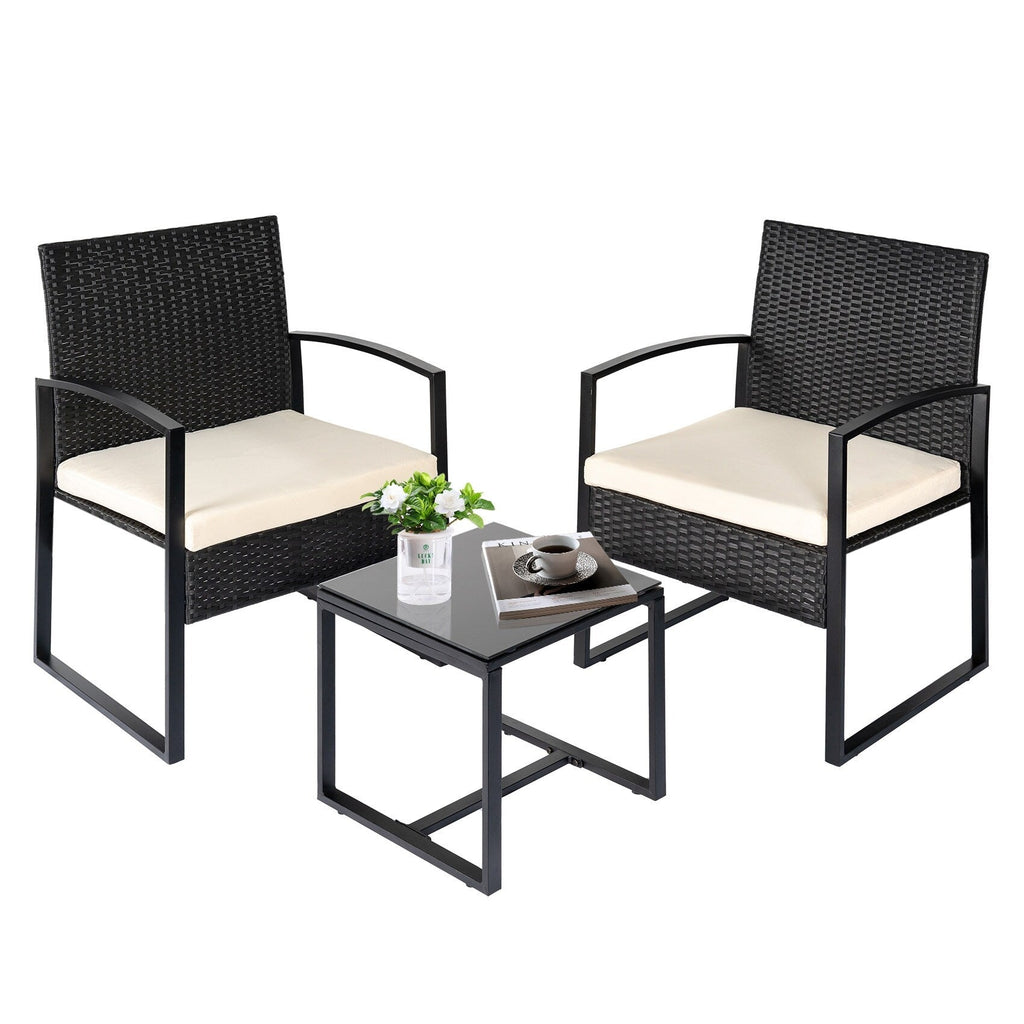 Ensemble de bistrot 3 pièces pour patio, mobilier d'extérieur avec table en verre et salon de jardin en rotin pour véranda, jardin et balcon