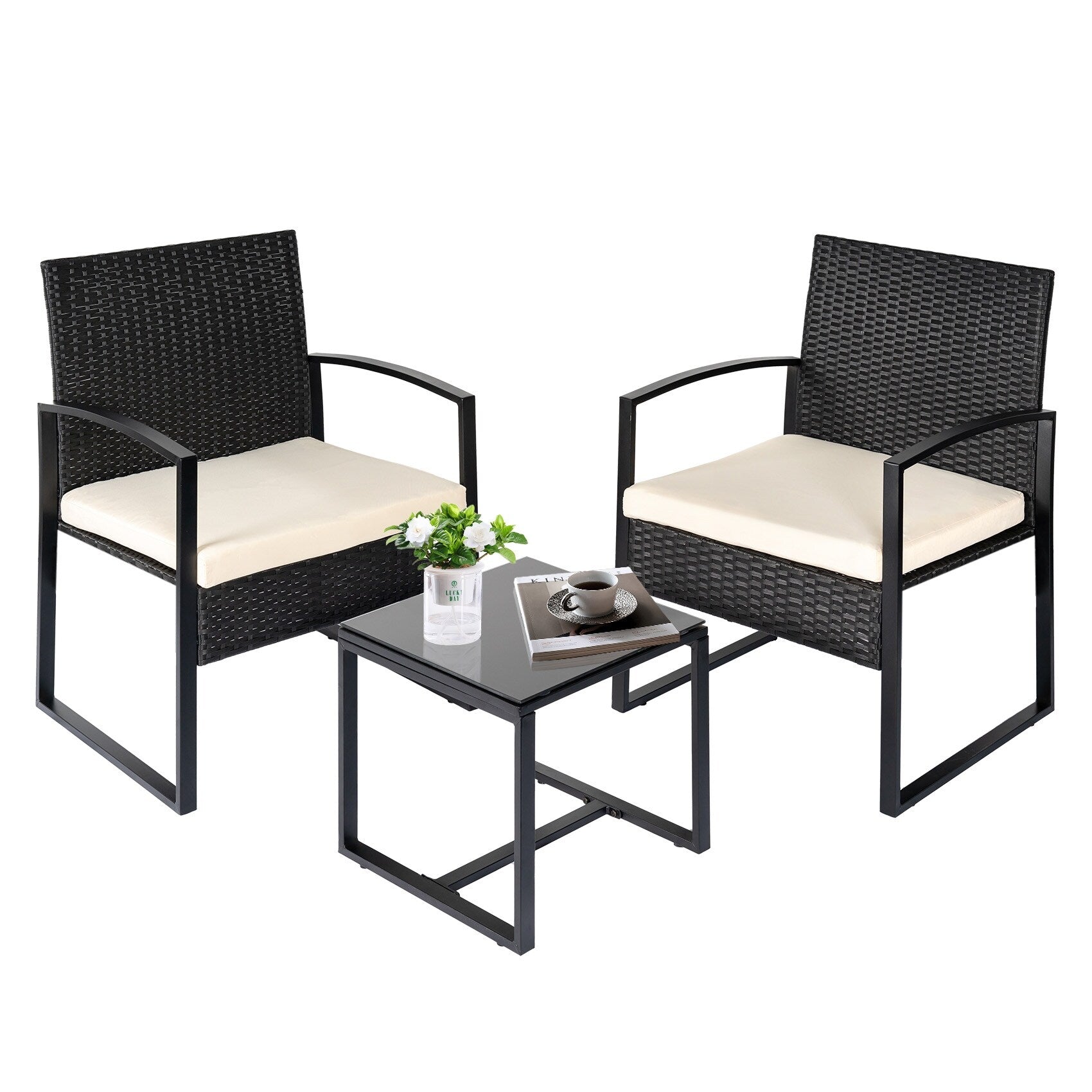 Ensemble de bistrot 3 pièces pour patio, mobilier d'extérieur avec table en verre et salon de jardin en rotin pour véranda, jardin et balcon