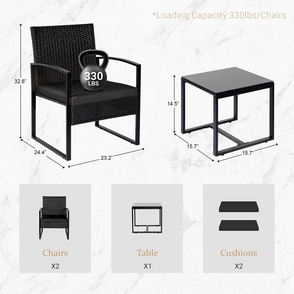 Ensemble de bistrot 3 pièces pour patio, mobilier d'extérieur avec table en verre et salon de jardin en rotin pour véranda, jardin et balcon