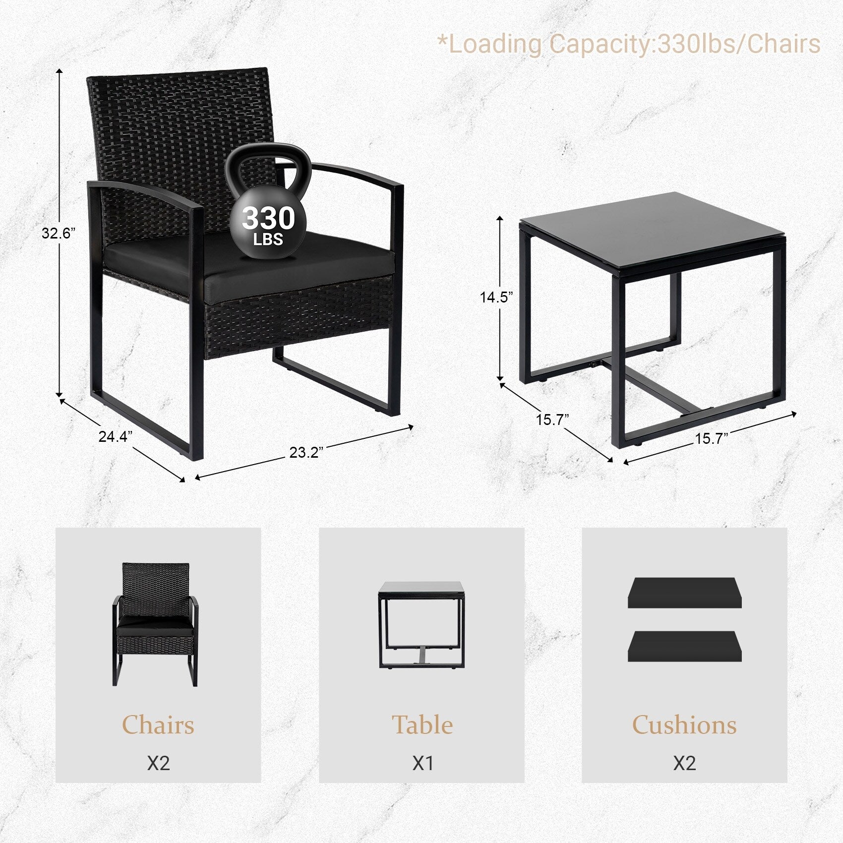 Ensemble de bistrot 3 pièces pour patio, mobilier d'extérieur avec table en verre et salon de jardin en rotin pour véranda, jardin et balcon