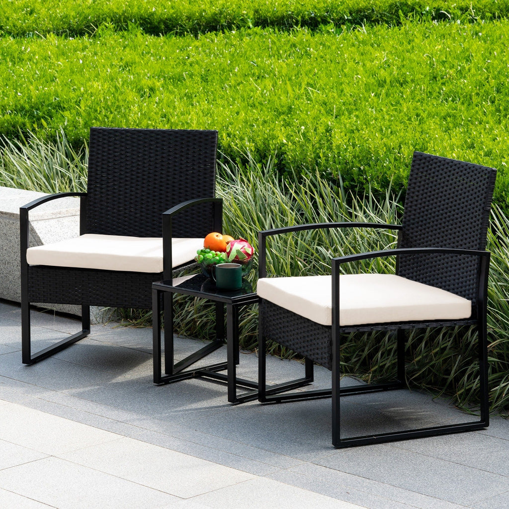 Ensemble de bistrot 3 pièces pour patio, mobilier d'extérieur avec table en verre et salon de jardin en rotin pour véranda, jardin et balcon