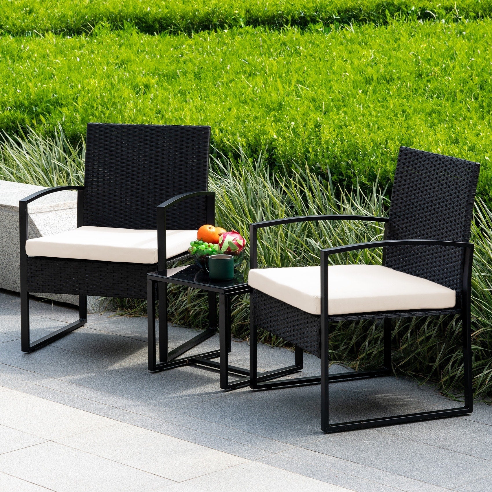 Ensemble de bistrot 3 pièces pour patio, mobilier d'extérieur avec table en verre et salon de jardin en rotin pour véranda, jardin et balcon