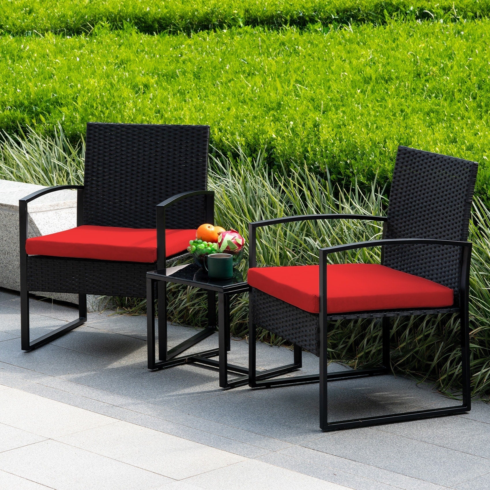 Ensemble de bistrot 3 pièces pour patio, mobilier d'extérieur avec table en verre et salon de jardin en rotin pour véranda, jardin et balcon