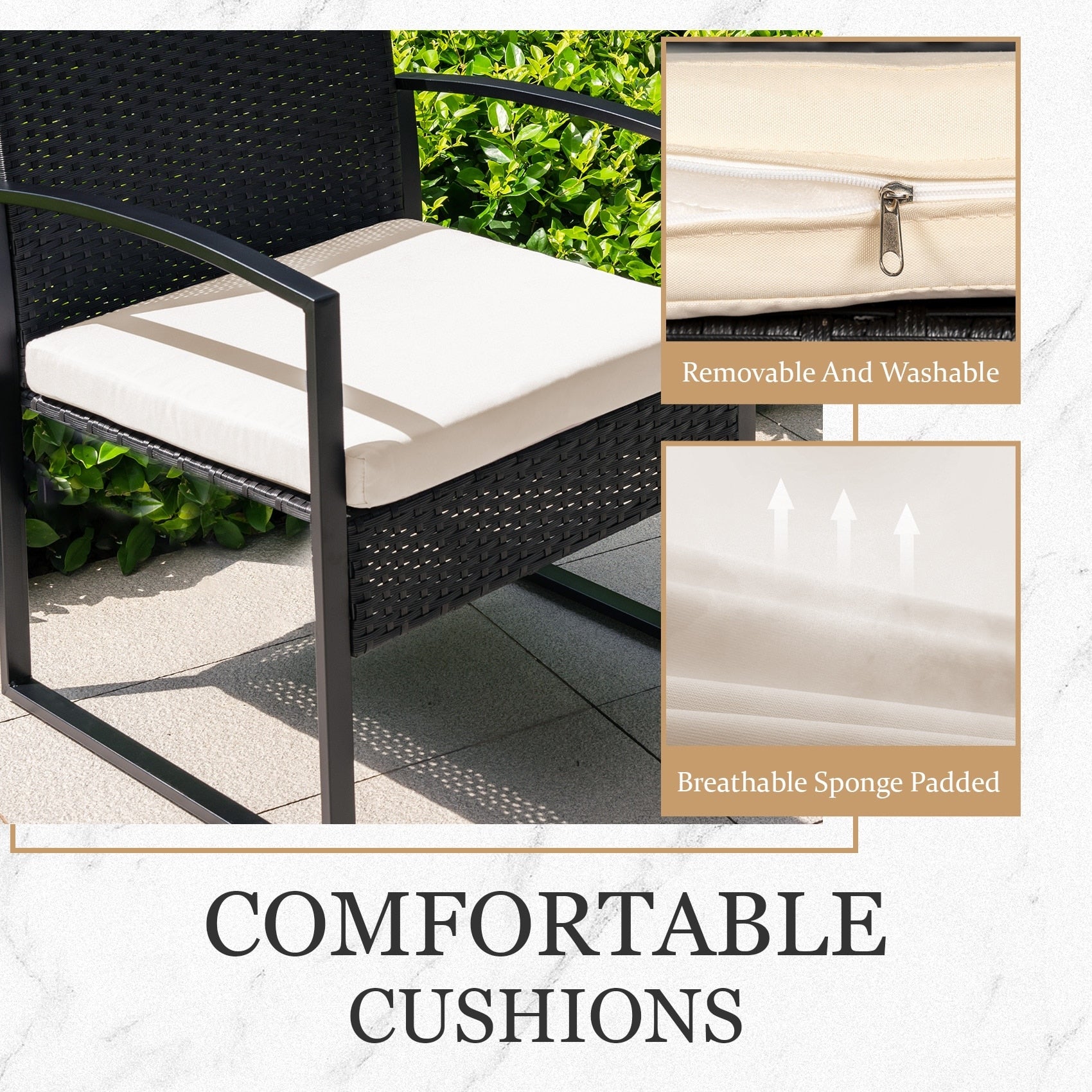 Ensemble de bistrot 3 pièces pour patio, mobilier d'extérieur avec table en verre et salon de jardin en rotin pour véranda, jardin et balcon