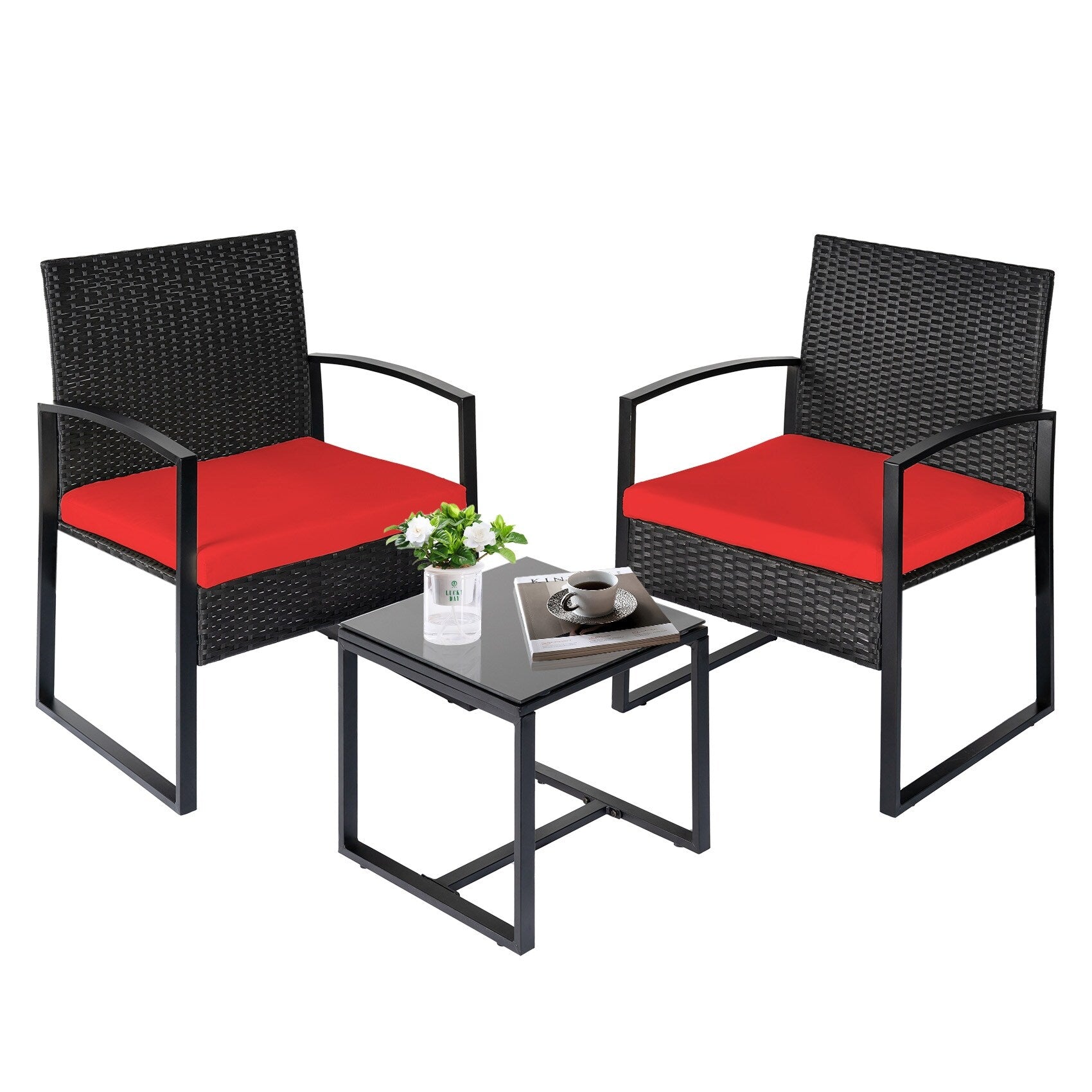 Ensemble de bistrot 3 pièces pour patio, mobilier d'extérieur avec table en verre et salon de jardin en rotin pour véranda, jardin et balcon