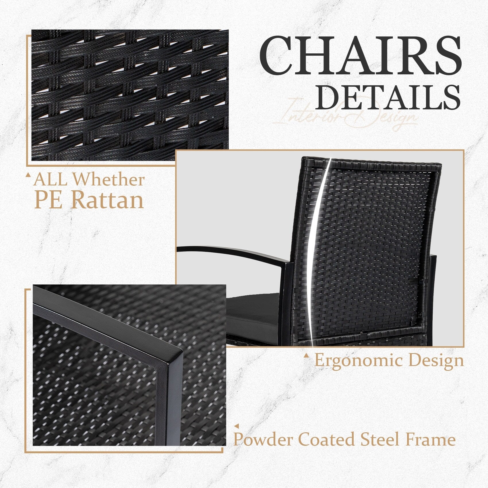 Ensemble de bistrot 3 pièces pour patio, mobilier d'extérieur avec table en verre et salon de jardin en rotin pour véranda, jardin et balcon