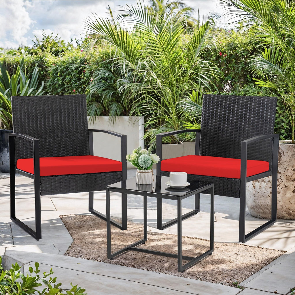 Ensemble de bistrot 3 pièces pour patio, mobilier d'extérieur avec table en verre et salon de jardin en rotin pour véranda, jardin et balcon