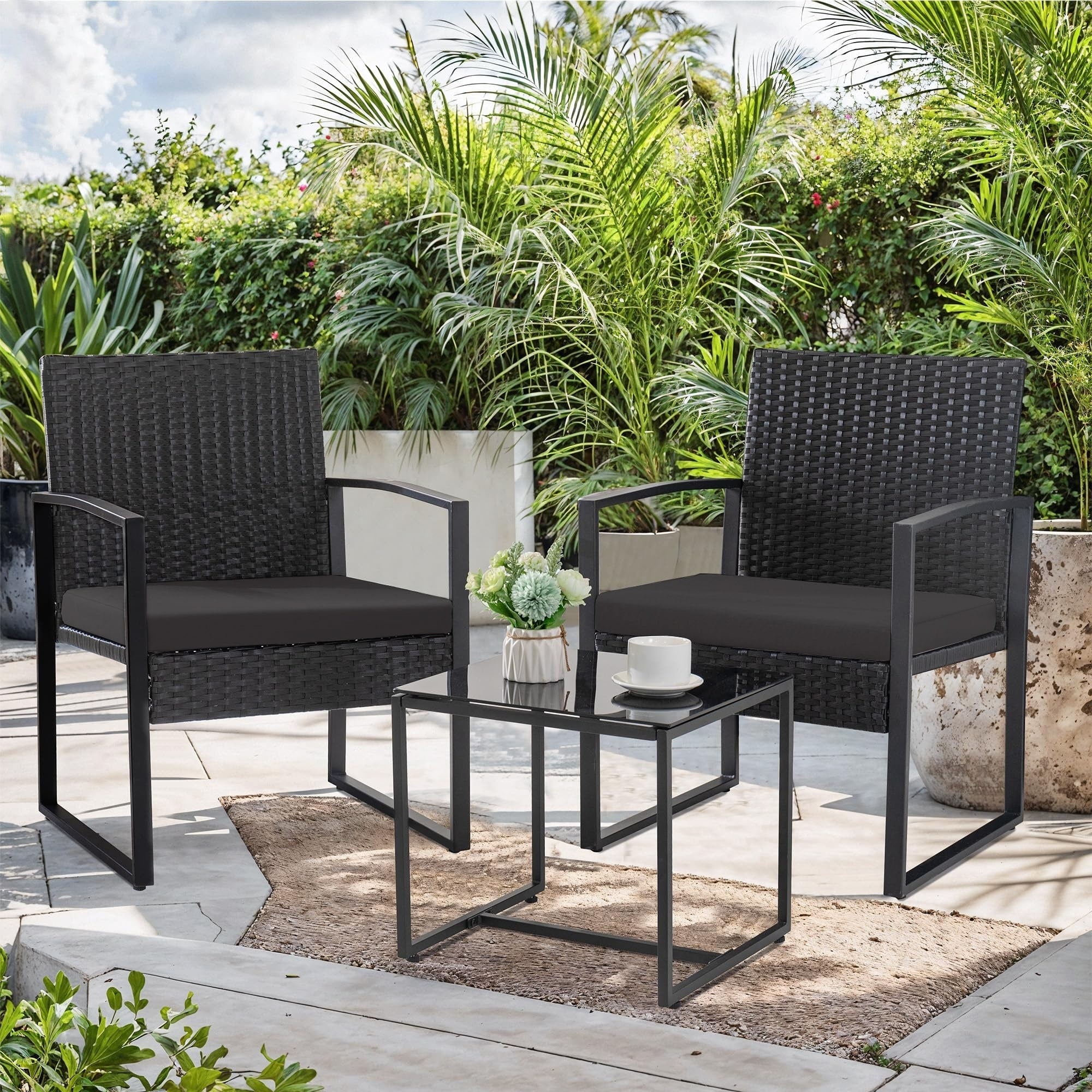 Ensemble de bistrot 3 pièces pour patio, mobilier d'extérieur avec table en verre et salon de jardin en rotin pour véranda, jardin et balcon