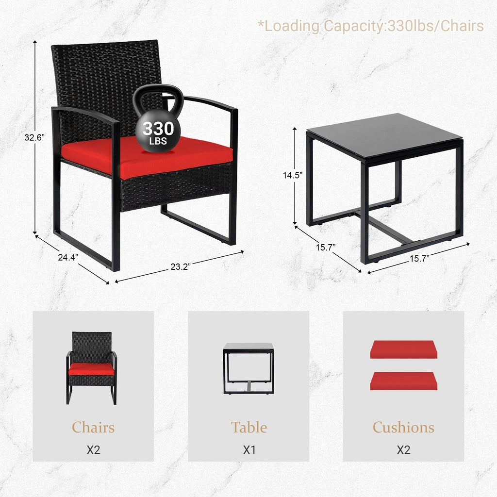 Ensemble de bistrot 3 pièces pour patio, mobilier d'extérieur avec table en verre et salon de jardin en rotin pour véranda, jardin et balcon