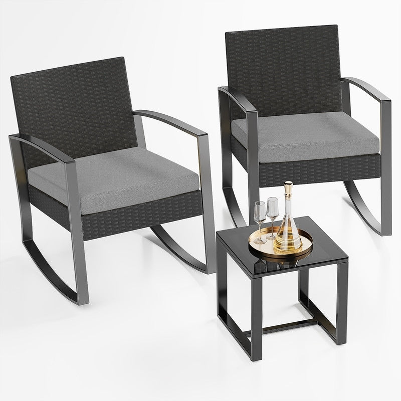 Ensemble de patio en osier 3 pièces avec coussin Ensemble de chaises d'extérieur avec table en verre Chaise en rotin Ensemble de bistrot moderne