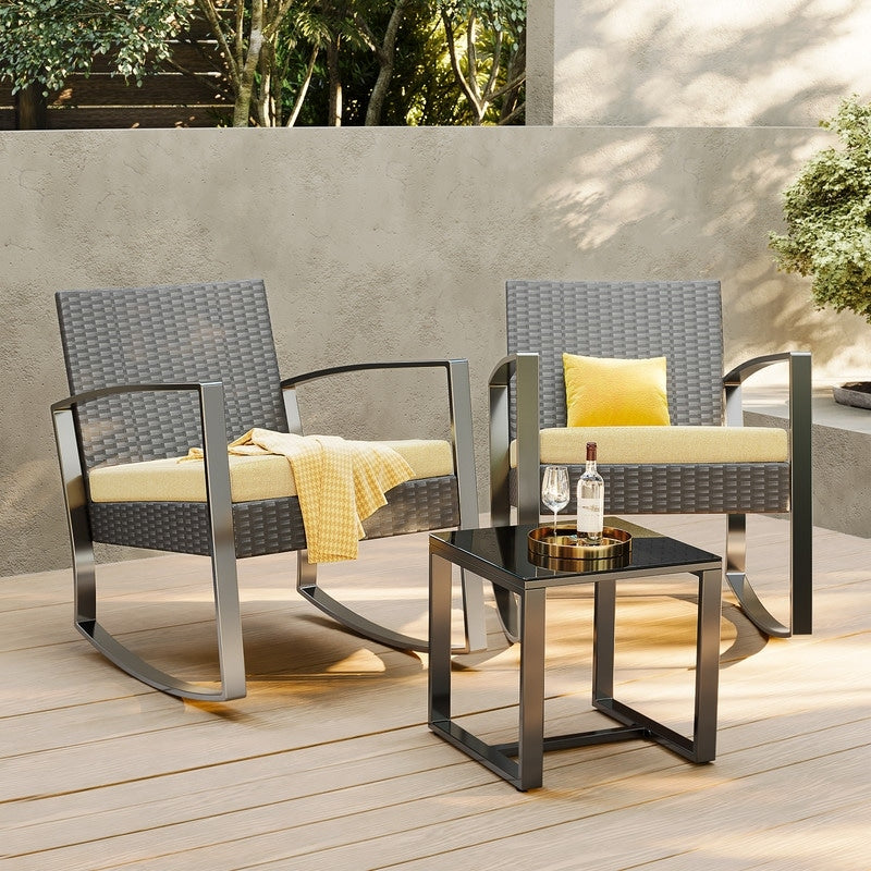 Ensemble de patio en osier 3 pièces avec coussin Ensemble de chaises d'extérieur avec table en verre Chaise en rotin Ensemble de bistrot moderne