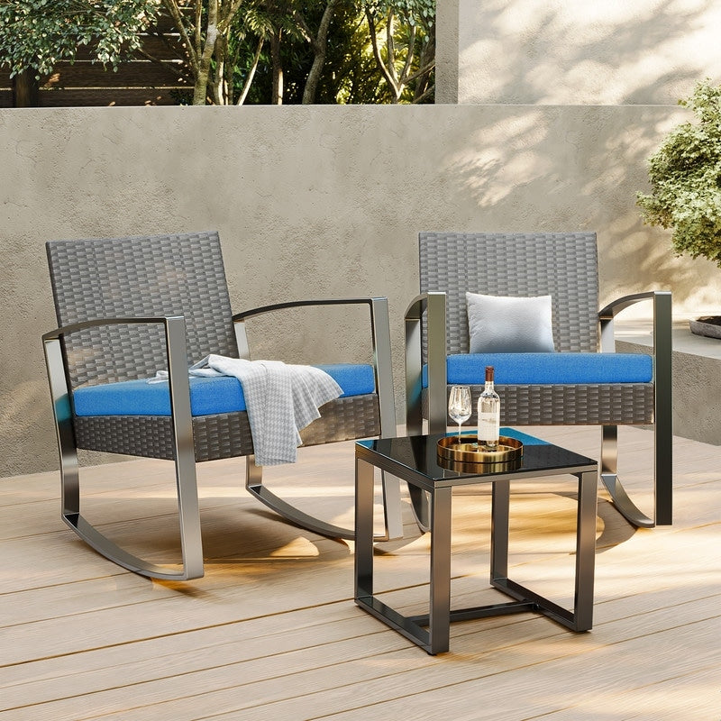 Ensemble de patio en osier 3 pièces avec coussin Ensemble de chaises d'extérieur avec table en verre Chaise en rotin Ensemble de bistrot moderne