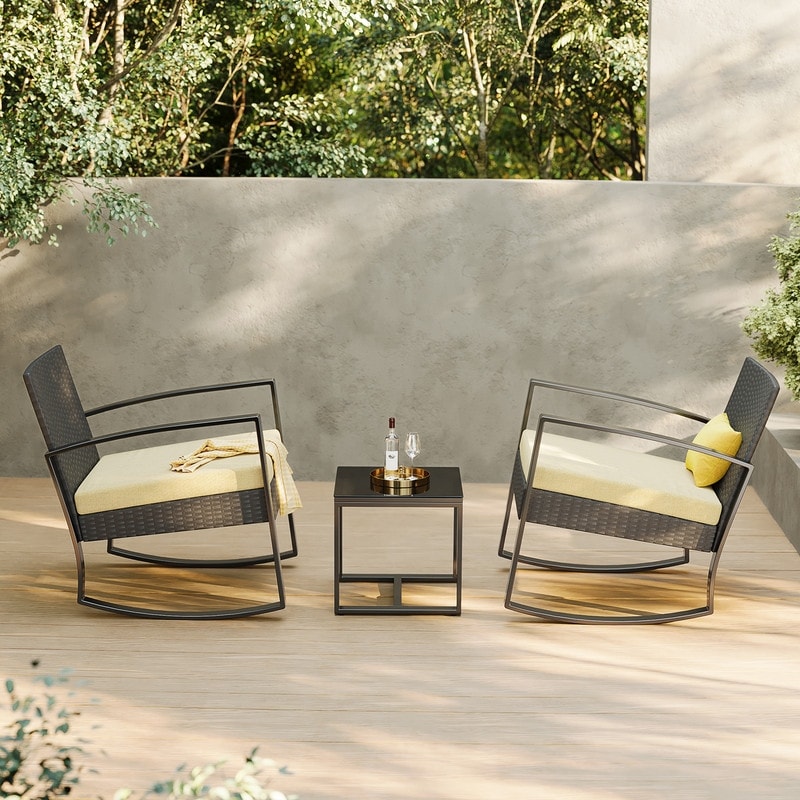 Ensemble de patio en osier 3 pièces avec coussin Ensemble de chaises d'extérieur avec table en verre Chaise en rotin Ensemble de bistrot moderne