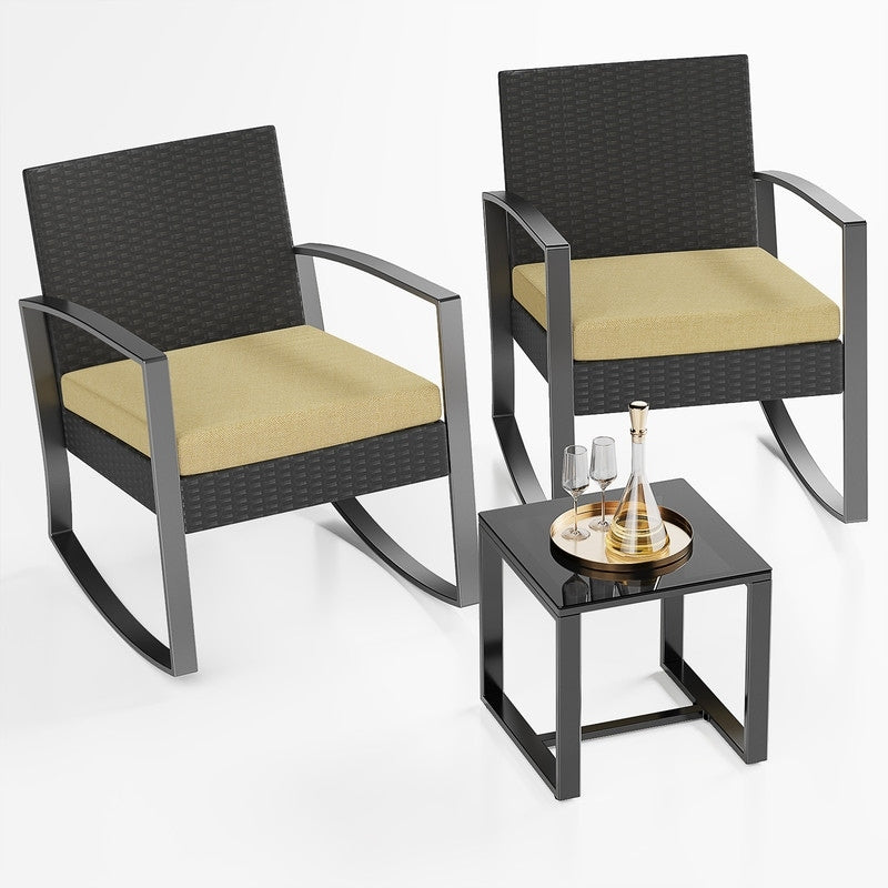 Ensemble de patio en osier 3 pièces avec coussin Ensemble de chaises d'extérieur avec table en verre Chaise en rotin Ensemble de bistrot moderne
