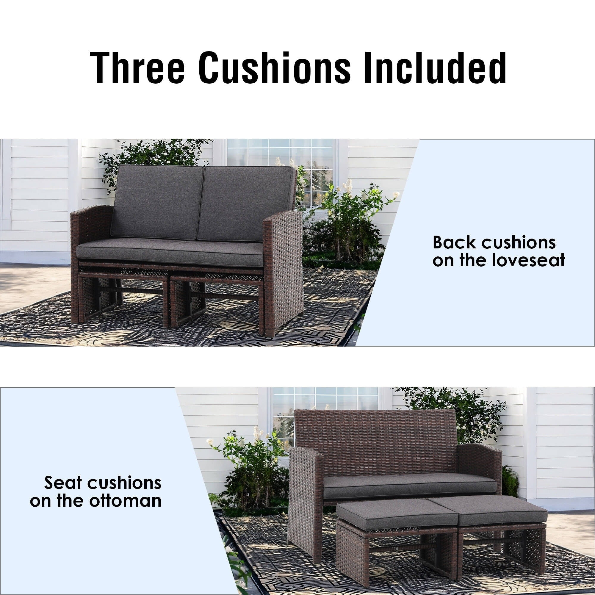 Ensemble de canapés d'extérieur en rotin 3 pièces avec coussins