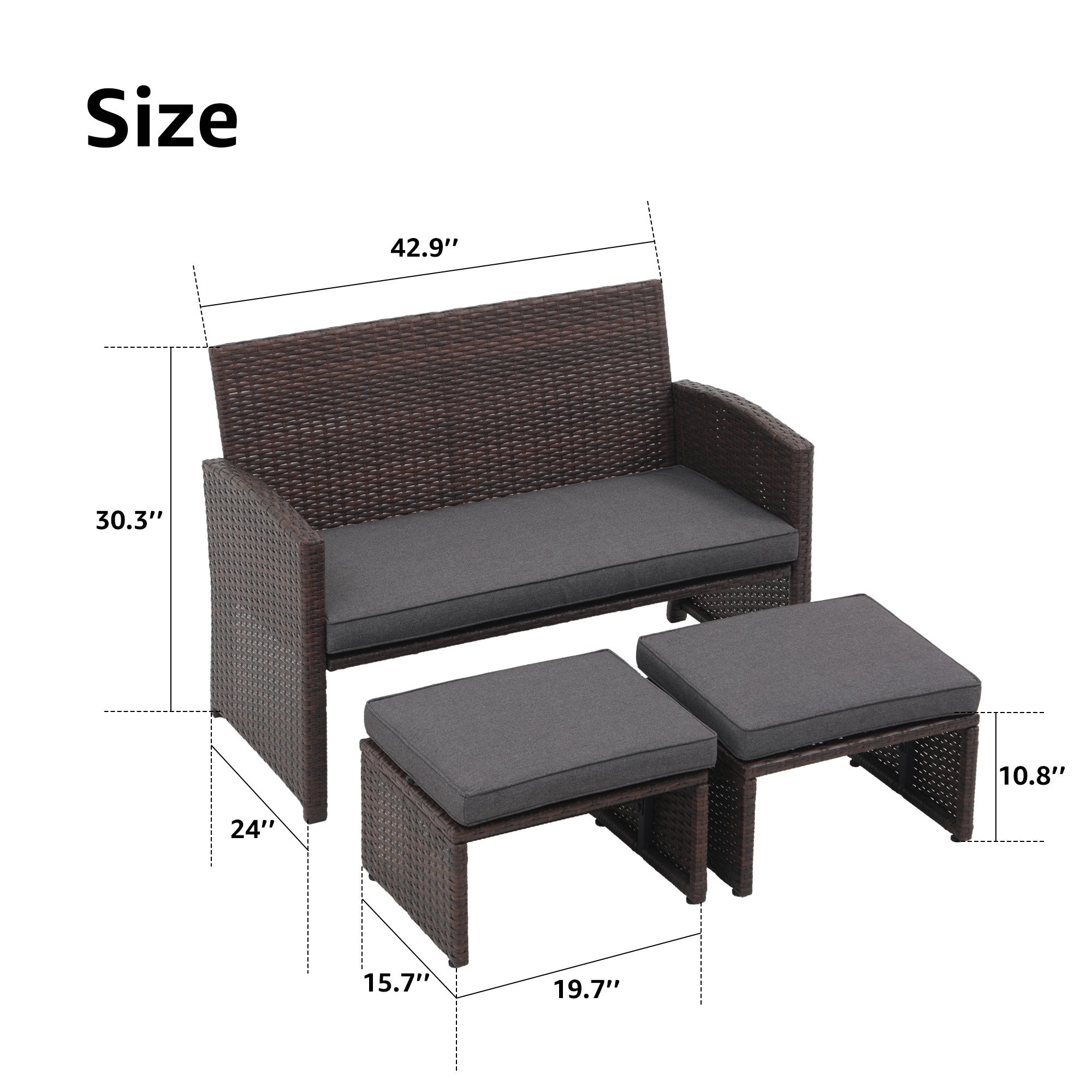Ensemble de canapés d'extérieur en rotin 3 pièces avec coussins
