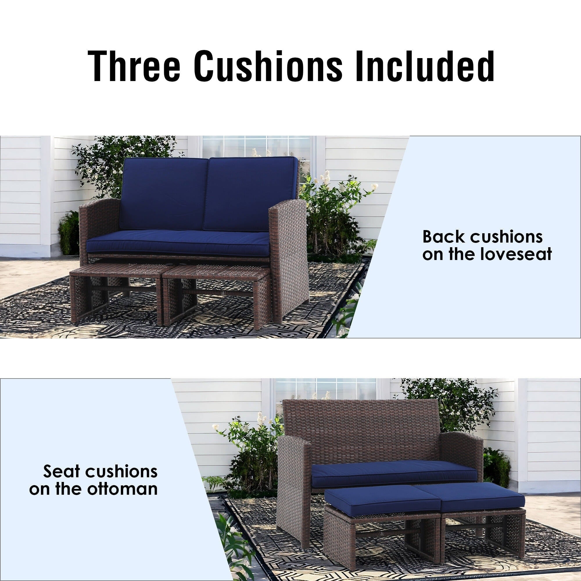 Ensemble de canapés d'extérieur en rotin 3 pièces avec coussins