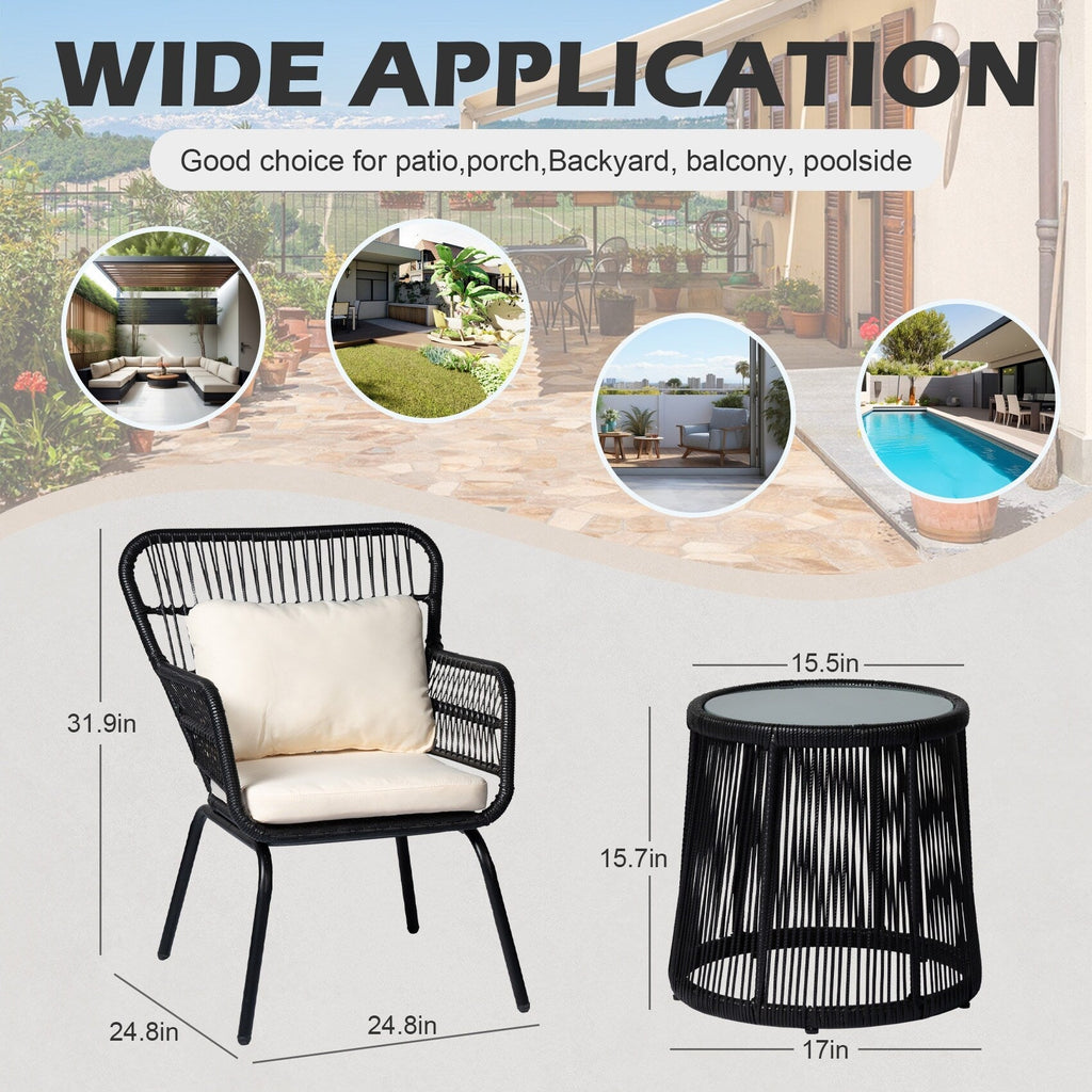 Ensemble de bistrot d'extérieur 3 pièces en osier, mobilier de jardin en rotin toutes saisons, chaises de patio avec coussins