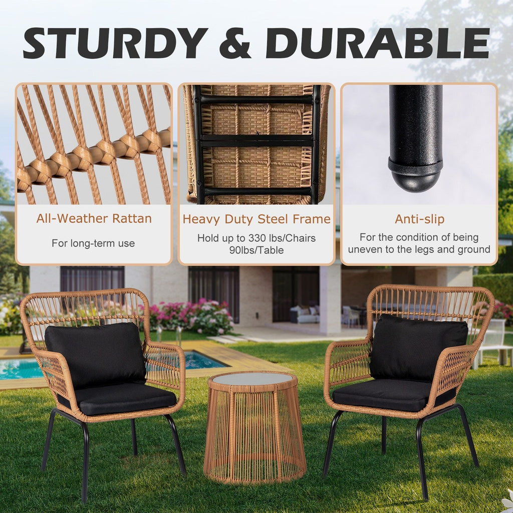 Ensemble de bistrot d'extérieur 3 pièces en osier, mobilier de jardin en rotin toutes saisons, chaises de patio avec coussins